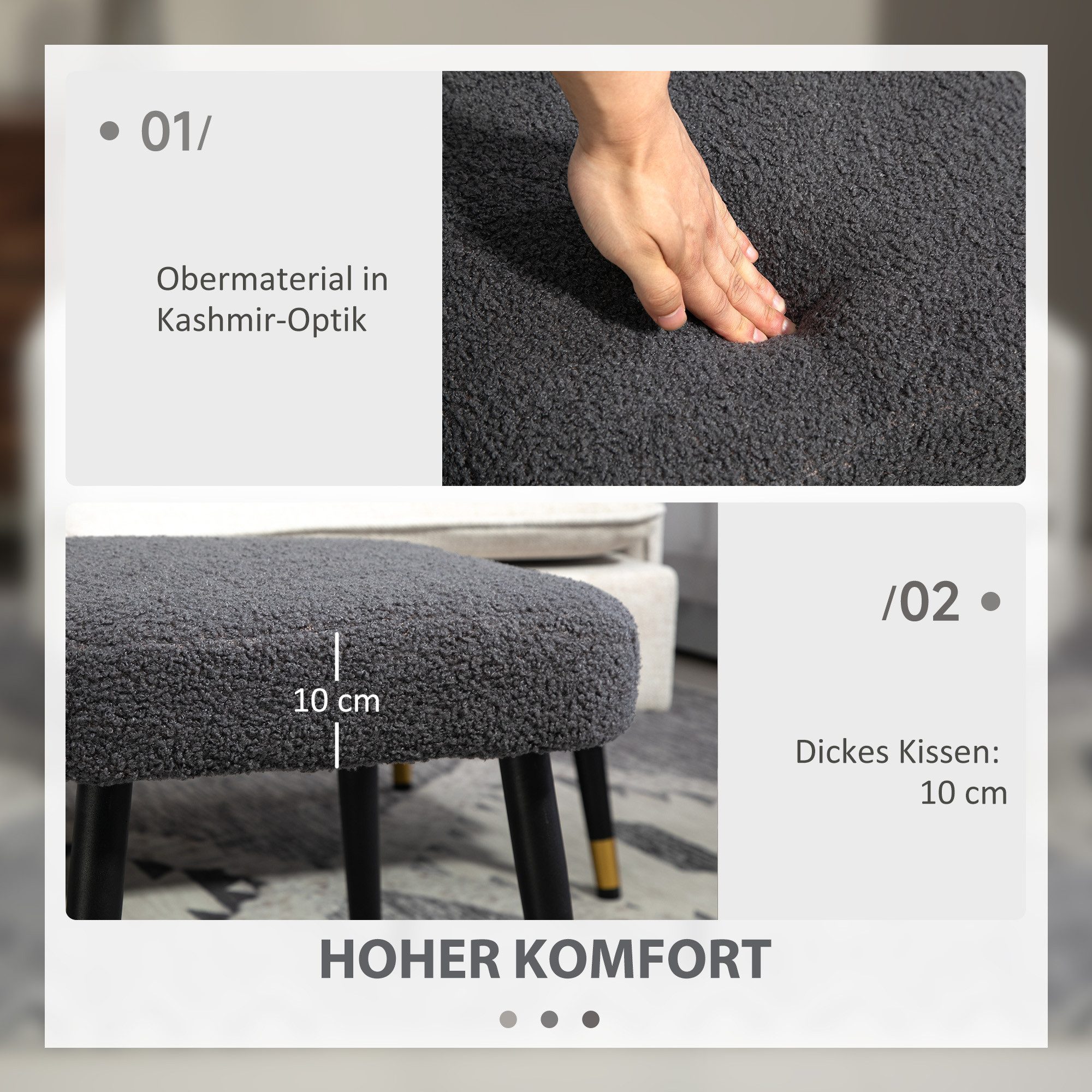 HOMCOM Fußhocker Hocker mit weichem Sitzkissen, Stahlbeinen, Polsterhocker Ottoman (Hocker, 1 St., Sitzhocker), für Schlafzimmer, Stahlbeine, Dunkelgrau – Bild 4 von 5