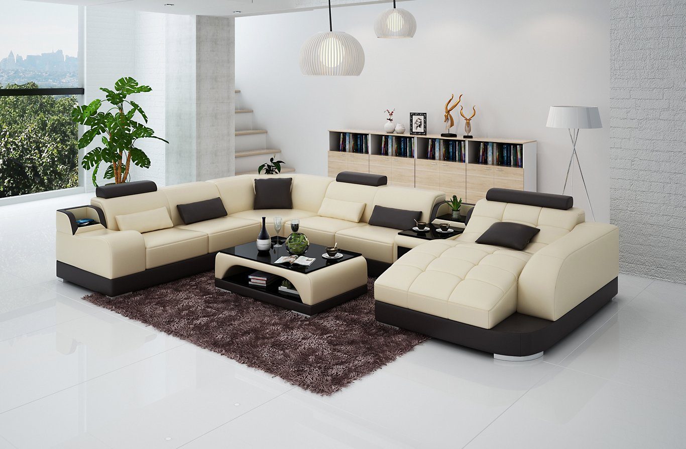 Designer Beige/Braun Ledersofa Sofa Polster in Europe Couch Made JVmoebel Wohnlandschaft Form U Ecksofa, Ecksofa