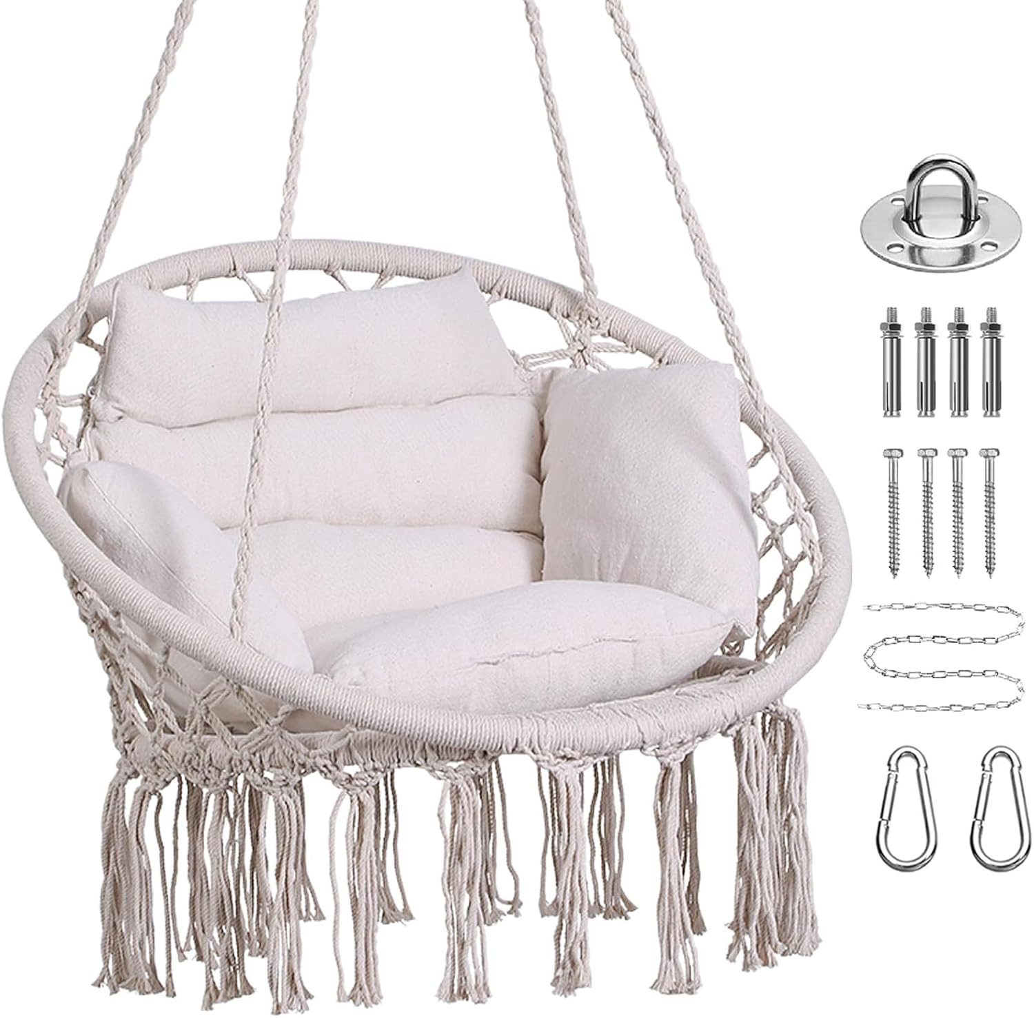 BlingBin Hängesessel Hollywoodschaukelstuhl, Hängematte mit Kissen und Hardware-Kit (1er Set, 1-St., Höchstgewichtempfehlung: 260 Pfund), Baumwollseilstuhl für Schlafzimmer, Außenbereich, Garten, Balkon, Hof