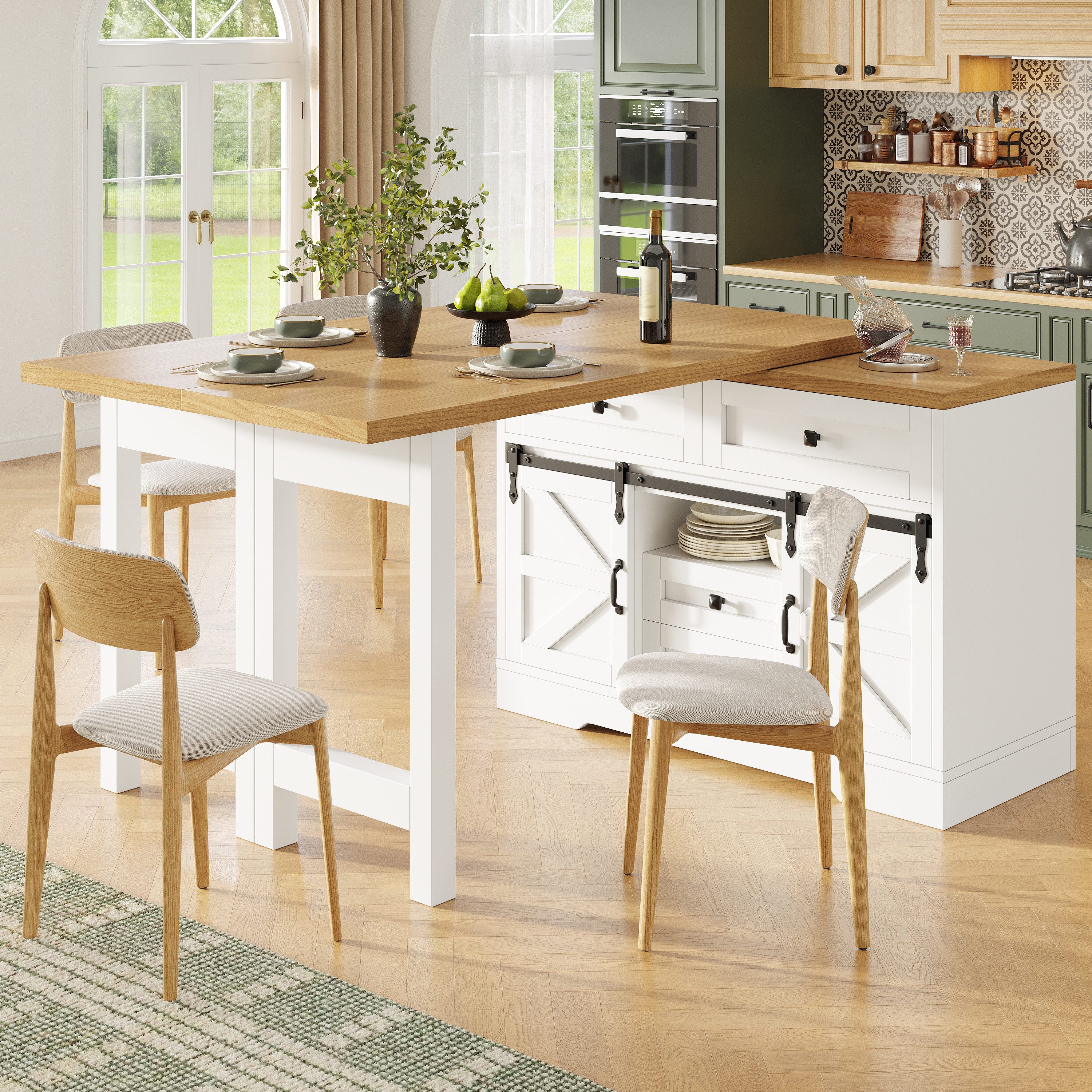 i@home Bartisch Ausziehbarer Kücheninsel-Esstisch (Packung Set), Seitenschrank mit versteckten Schubladen 360° drehbare Paneele