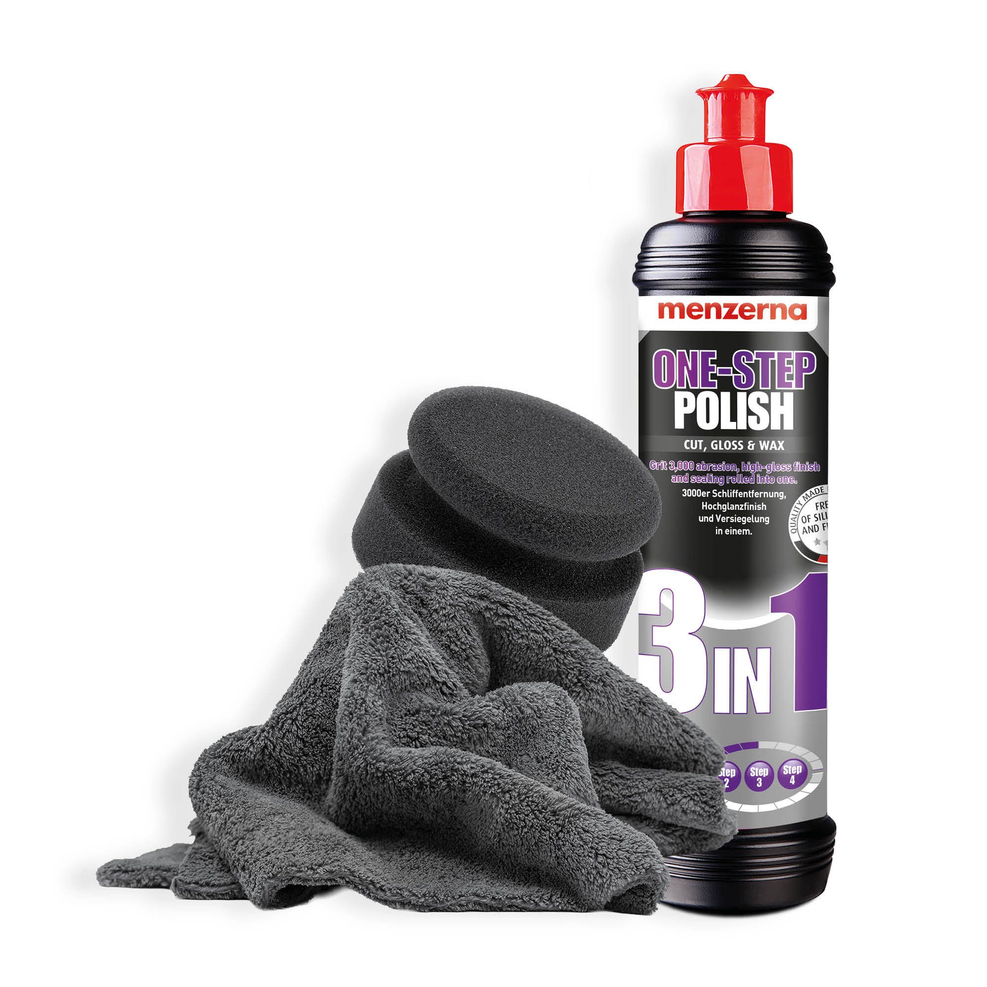 detailmate Auto Politur 3in1 Menzerna One Step Polish Set Autopolitur (4 St), Medium Cut One-Step + PAD Medium + Mikrofasertuch + Gummihandschuhe
