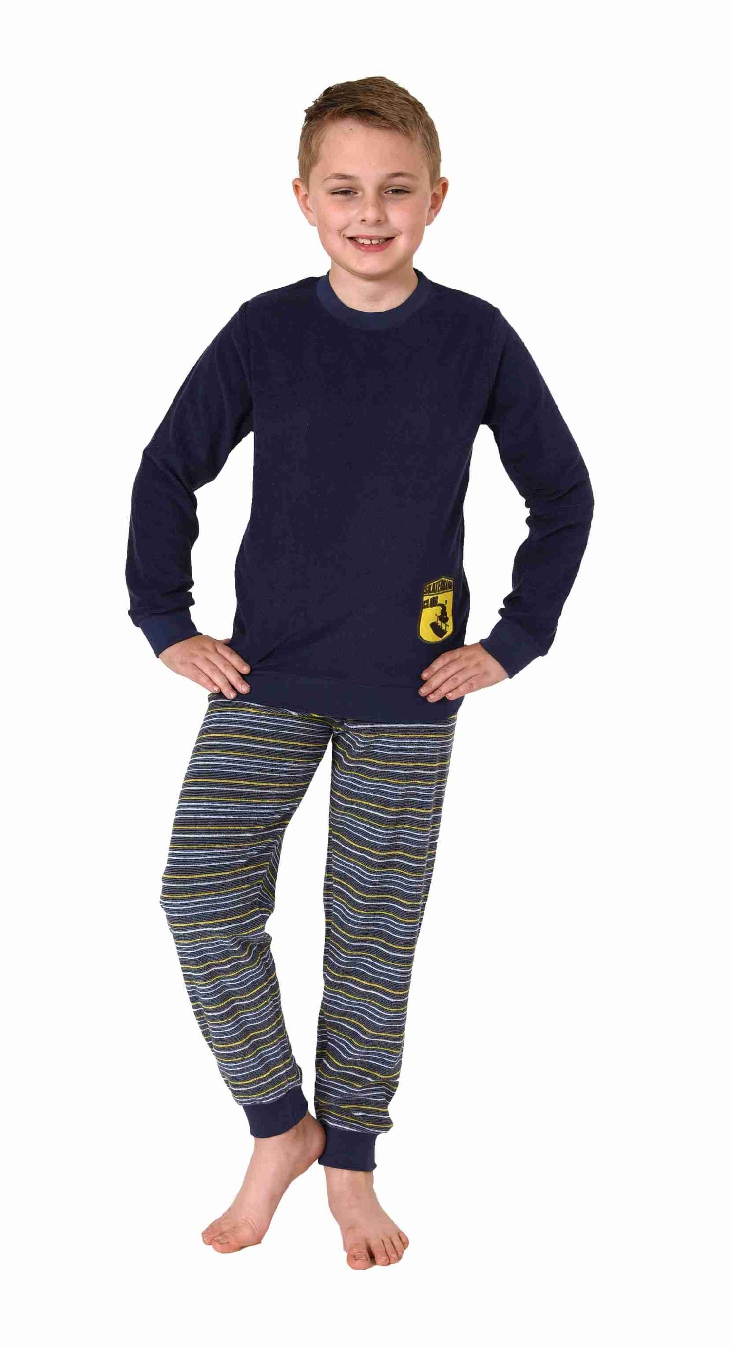 Pyjama gelb Frottee Bündchen und Schlafanzug Jungen Normann mit Skaterboard-Motiv langarm