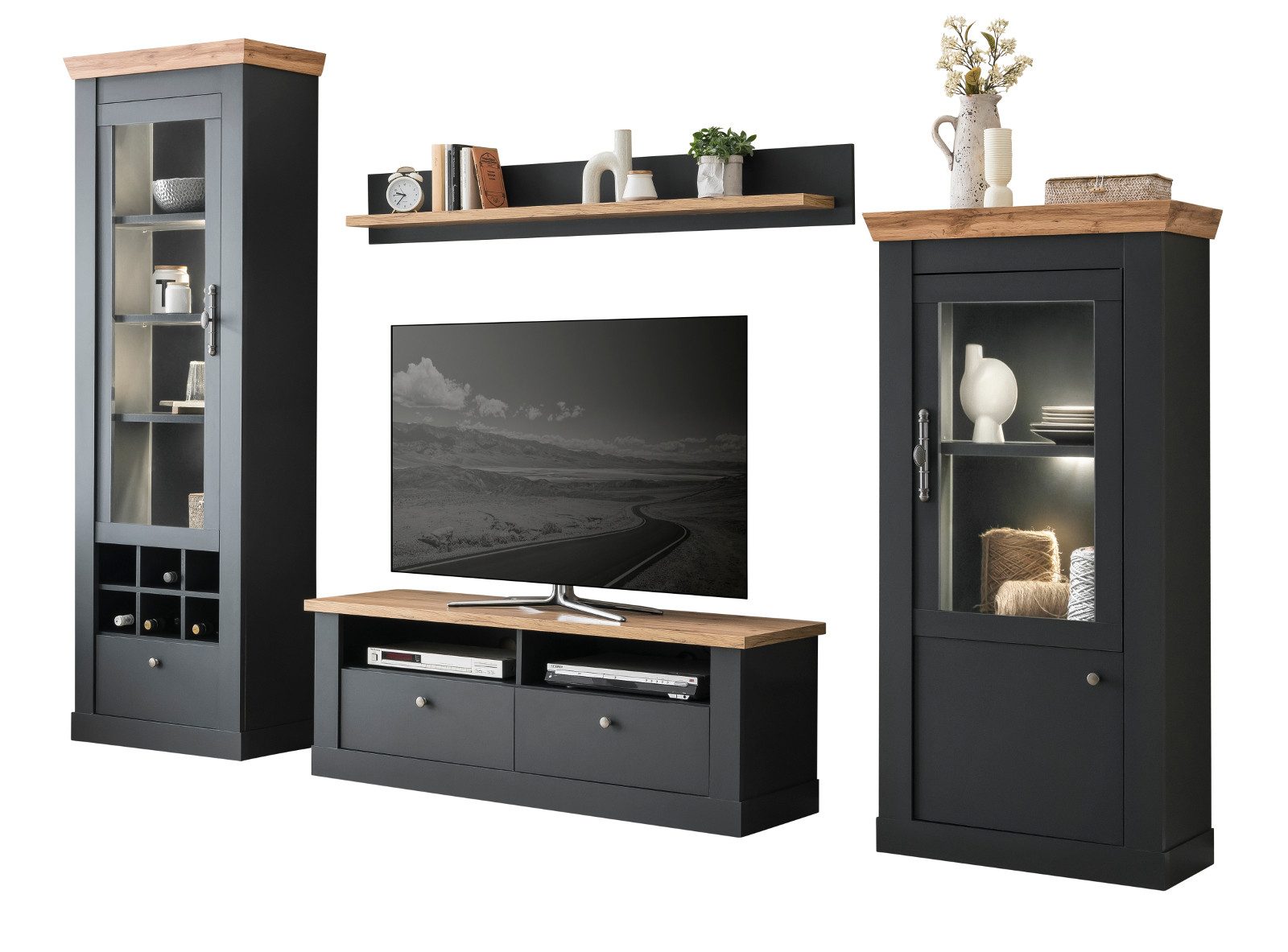 Furn.Design Wohnwand Ribera, (in matt grau und Wotan Eiche, moderner Landhausstil), mit Flaschenregal, mit Soft-Close-Funktion