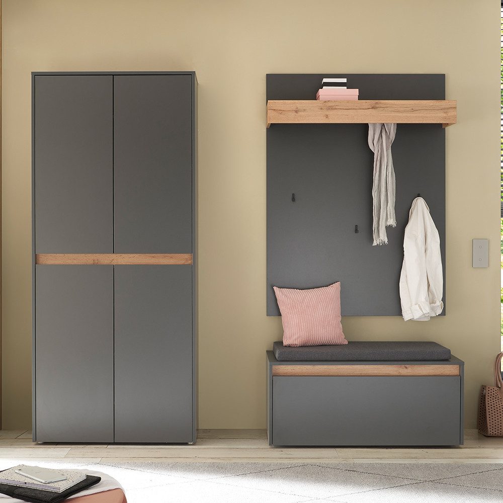 Lomadox Garderoben-Set CRISP-61, (Spar-Set, 3-St., Schuhschrank Garderobenpaneel Schuhbank), anthrazit mit Eiche Nb., viel Stauraum