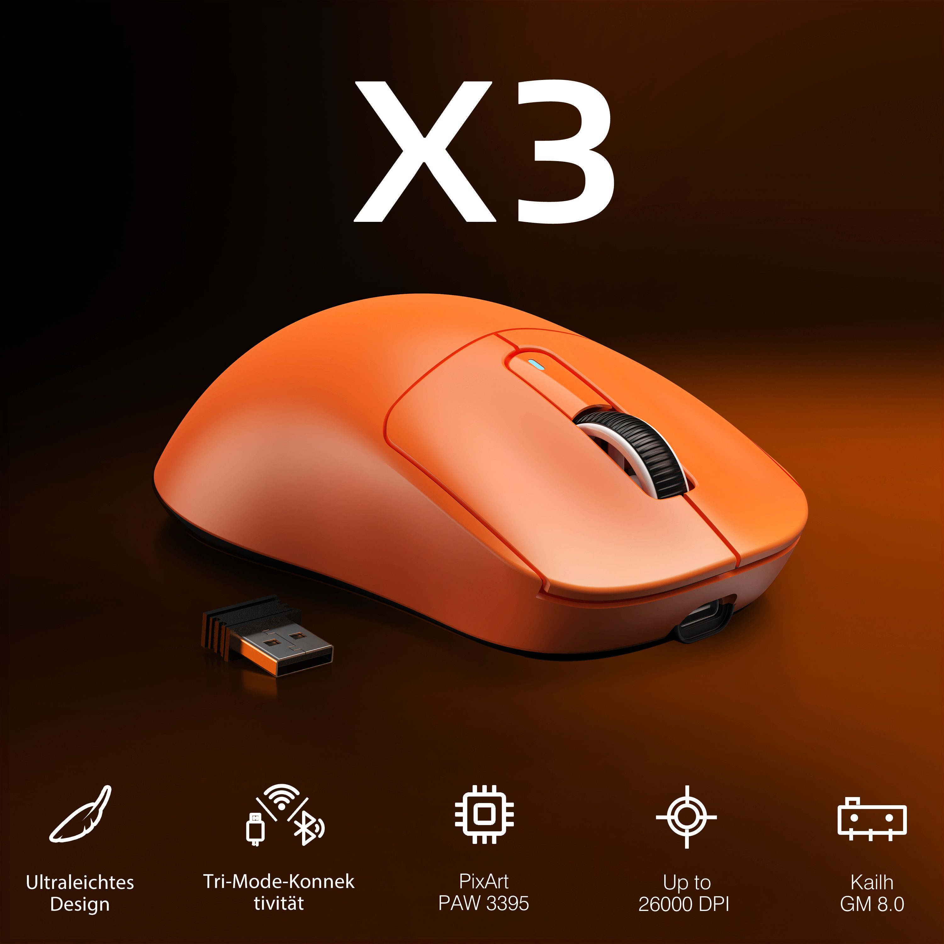 ATTACK SHARK X3 Kabellose Gaming-Maus, 49g Ultraleicht, PAW3395 Gaming-Maus (2.4G, Bluetooth, kabelgebunden, 200H)