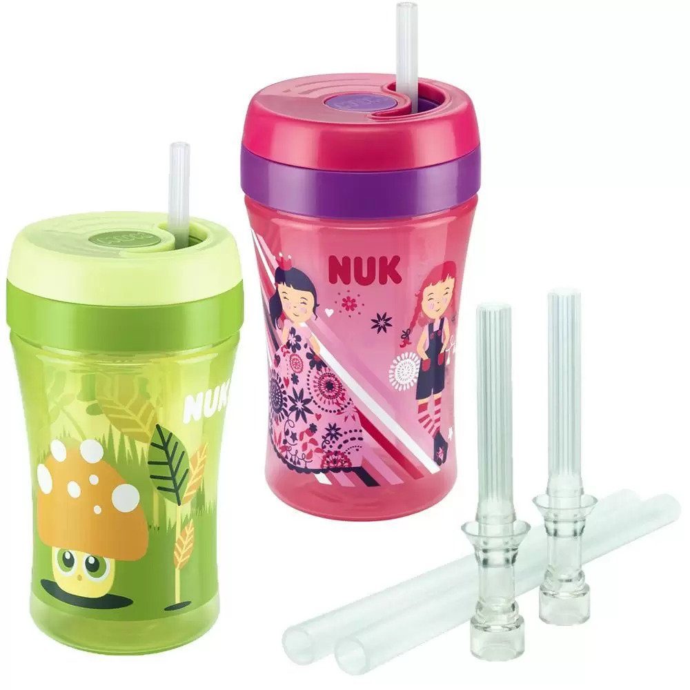 NUK Babyflasche NUK Easy Learning Cup Fun + extra Ersatz Trinkhalme, 2 St grün