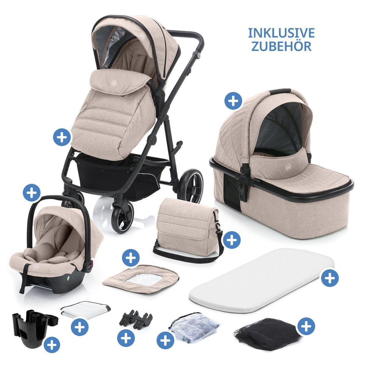 Fillikid Kombi-Kinderwagen Fill Jaguar Set - Sand, 3in1 Kinderwagen mit Babyschale, Babywanne, Sportsitz & Wickeltasche
