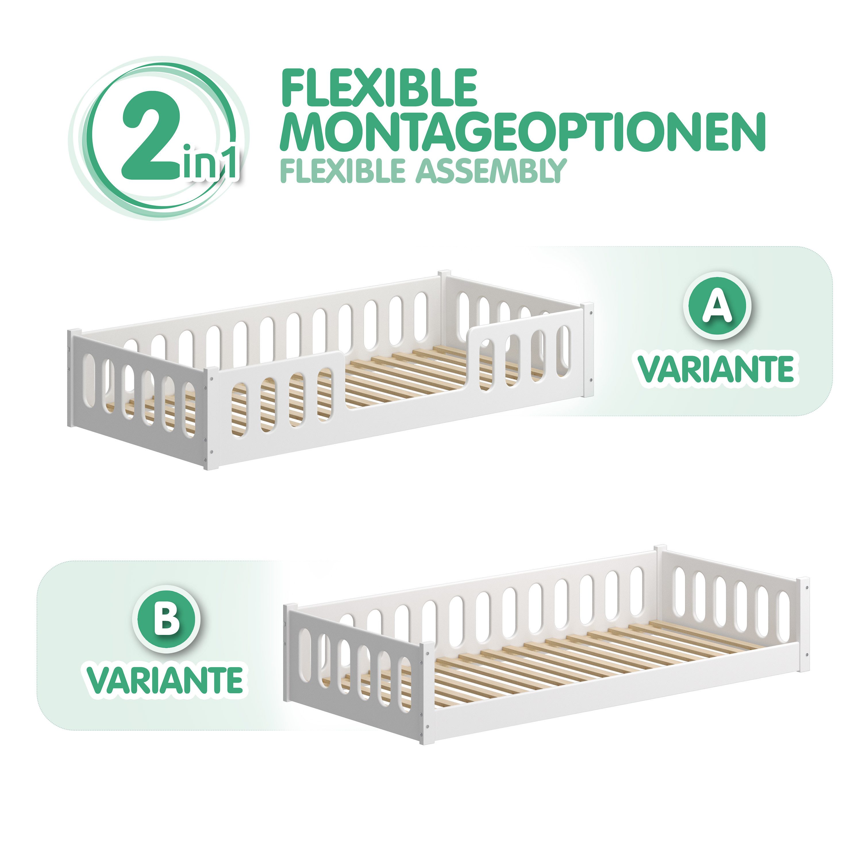 CADANI Kinderbett MONTE Bodenbett mit abnehmbaren Rausfallschutz - bis 200 kg belastbar (90x200 cm 2in1 Bodenbett, inkl. Roll-Lattenrost & Zusatz-Seitenteil), 2 – Bild 3 von 5