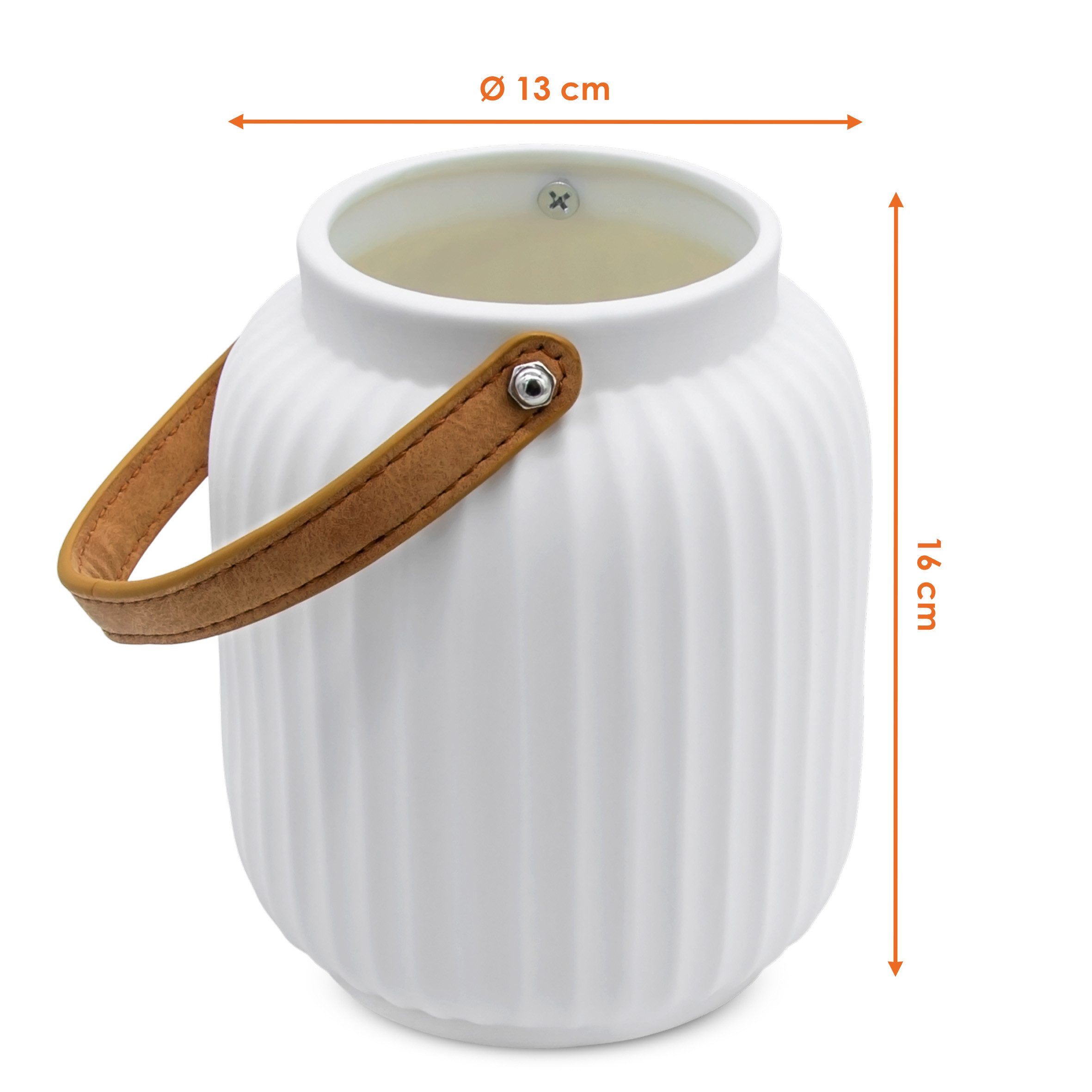 Spetebo LED Windlicht Keramik Laterne matt weiß mit Henkel in Leder Optik, LED, warm weiß, Dekorativer Henkel in Lederoptik