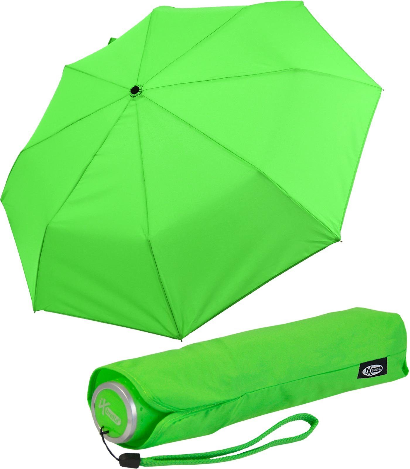 iX-brella Taschenregenschirm Mini Ultra Light leicht, farbenfroh mit - - Dach neon-grün großem extra