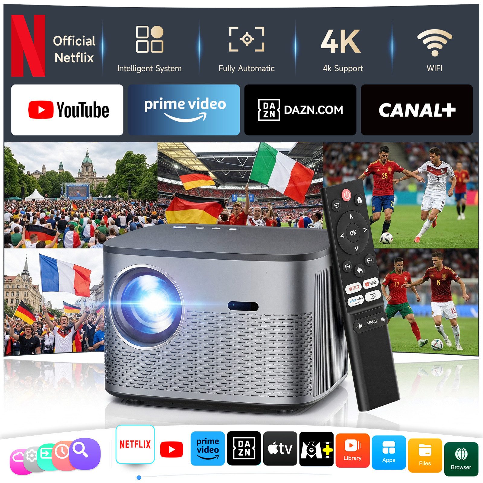 ZOOMCAT 4K Beamer mit Autofokus & 6D Trapezkorrektur, Netflix Zertifizierung Beamer (3840x2160 px, Native 1080P, 700 ANSI, Auto Hindernisvermeidung, Android 13 Projektor)