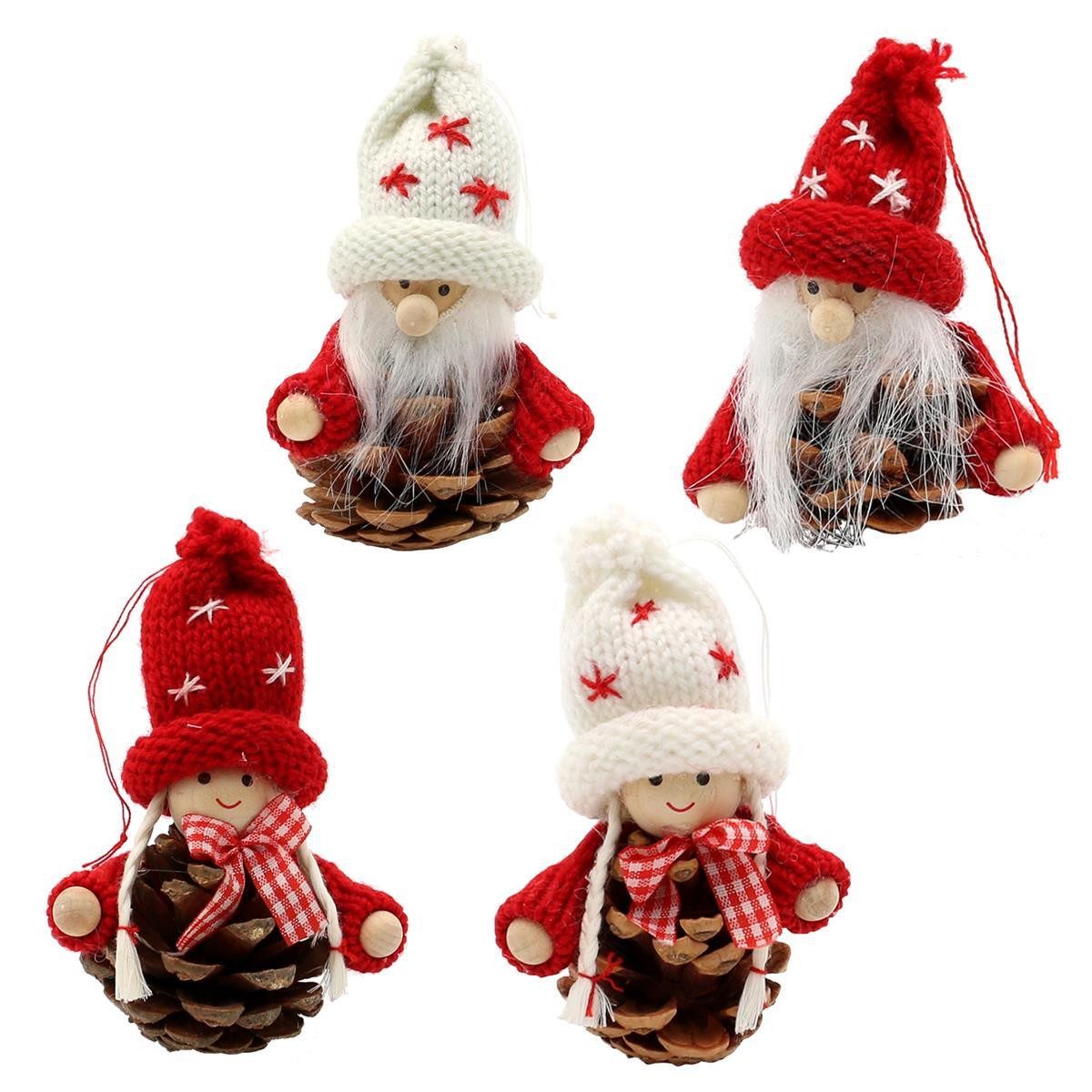 Dekohelden24 Christbaumschmuck 4er Set Strick-/ Holz Püppchen / Santa als Baumbehang, Größe je Figur ca. 7,5 x 7,5 x 10 cm