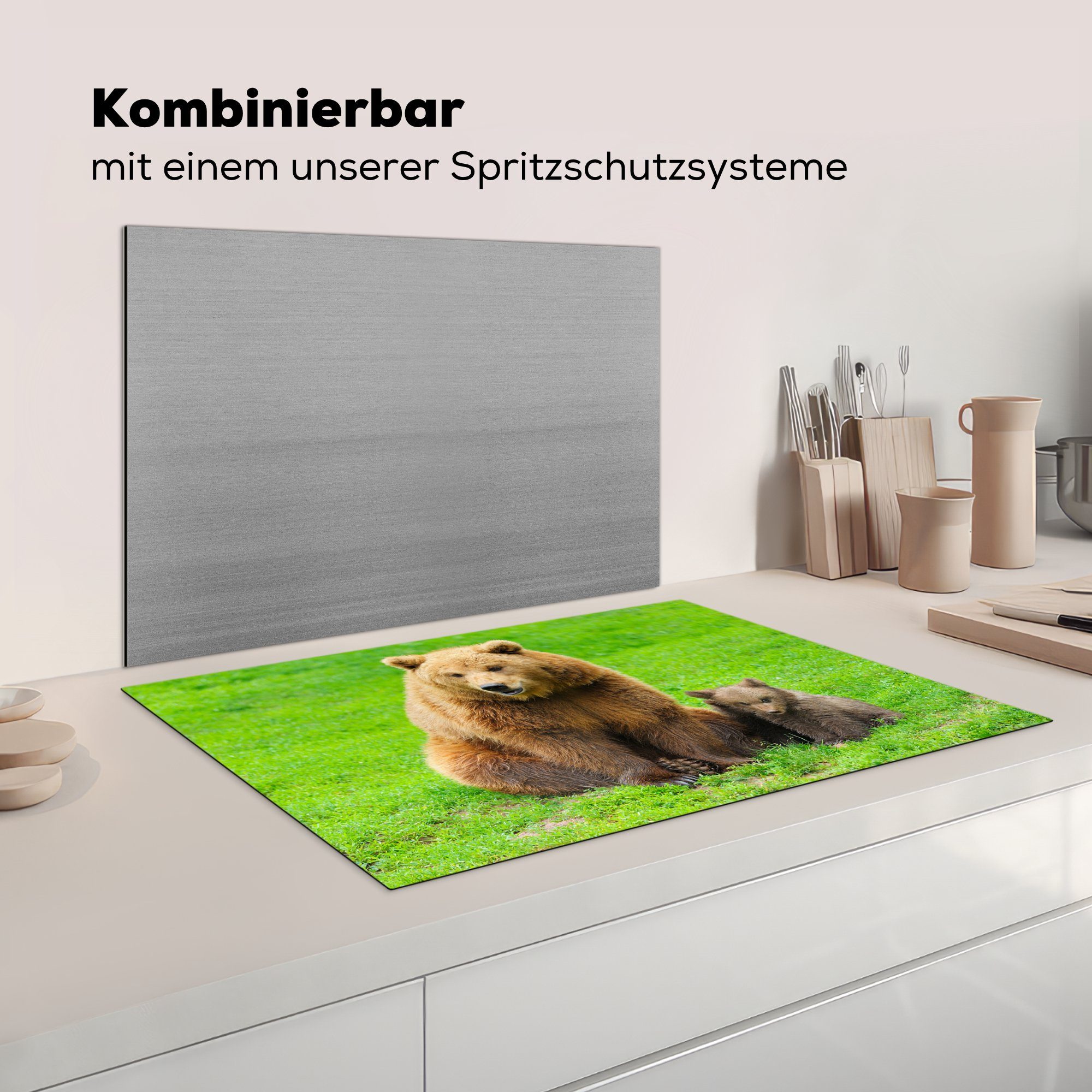 Junge, die Ceranfeldabdeckung küche, (1 Schutz 81x52 Gras Herdblende-/Abdeckplatte - tlg), Vinyl, Induktionskochfeld - für MuchoWow Bär cm,