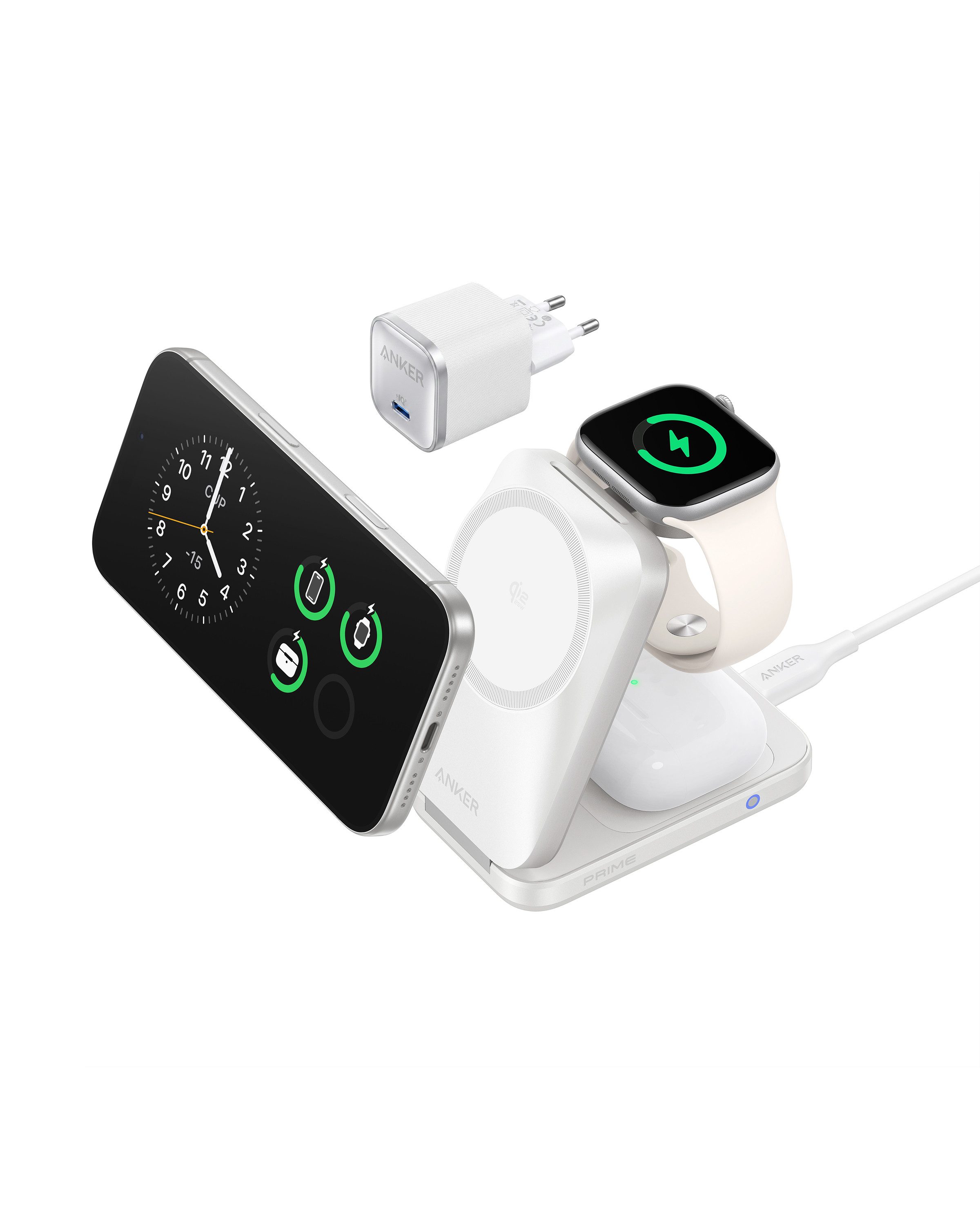Anker Anker Prime 3-in-1 Ladestation,Qi2.2 25W, AirCool kabelloses Ladegerät Induktions-Ladegerät (MagSafe-kompatibel für iPhone, Apple Watch & AirPods (ohne Akku)