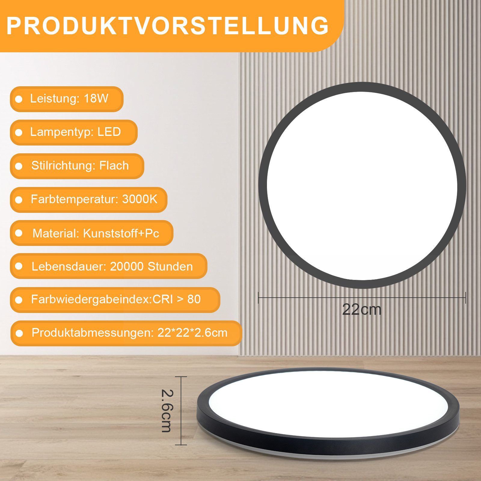 Nettlife LED Deckenleuchte Badezimmer Flach 30CM 24W Rund Weiß, Nicht Dimmbar, LED fest integriert, Warmweiß, Küchenlampe für Flur Küche Schalfzimmer Klassenzimmer