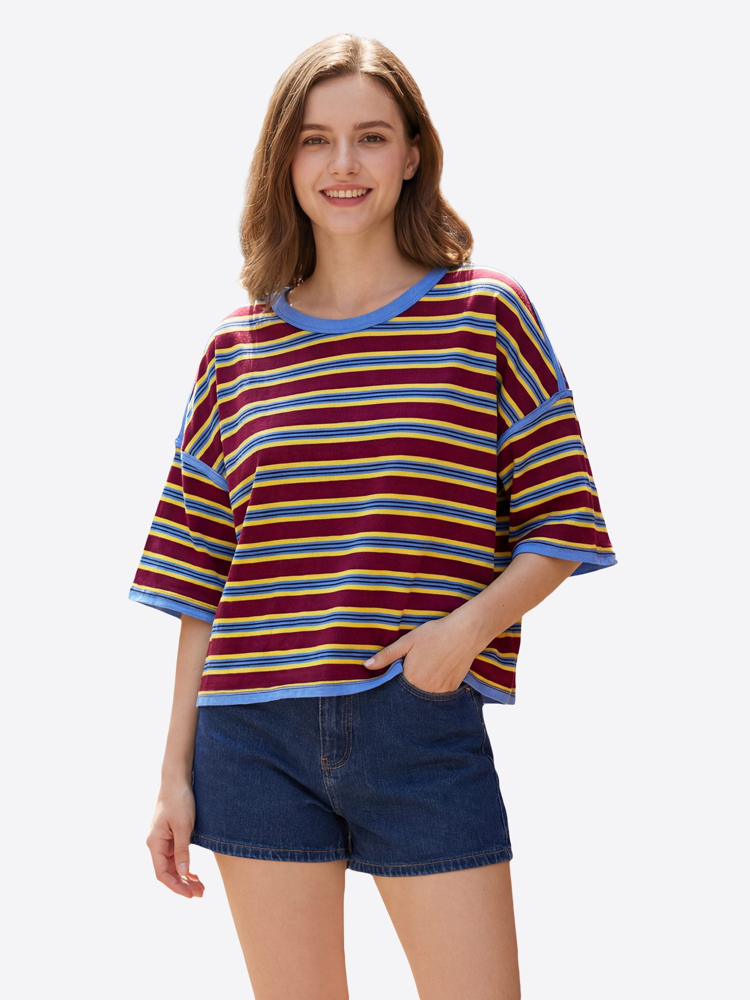 Imily Bela T-Shirt Damen gestreifte Bluse mit betonten Schultern (Packung, 1-tlg., 1per-Pack) Halbarm