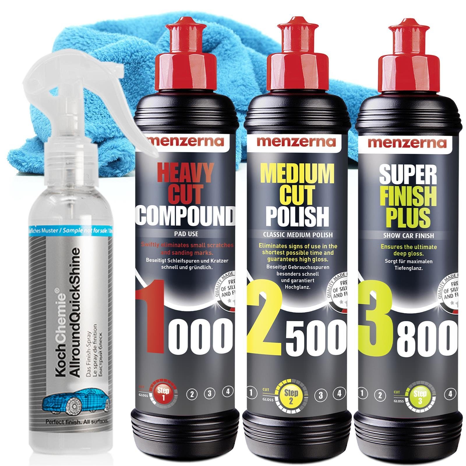 detailmate Menzerna Polituren + Pads + Mikrofasertücher Autopolitur (Set, Autopolitur Set), Politur + Mikrofasertücher + Detailer