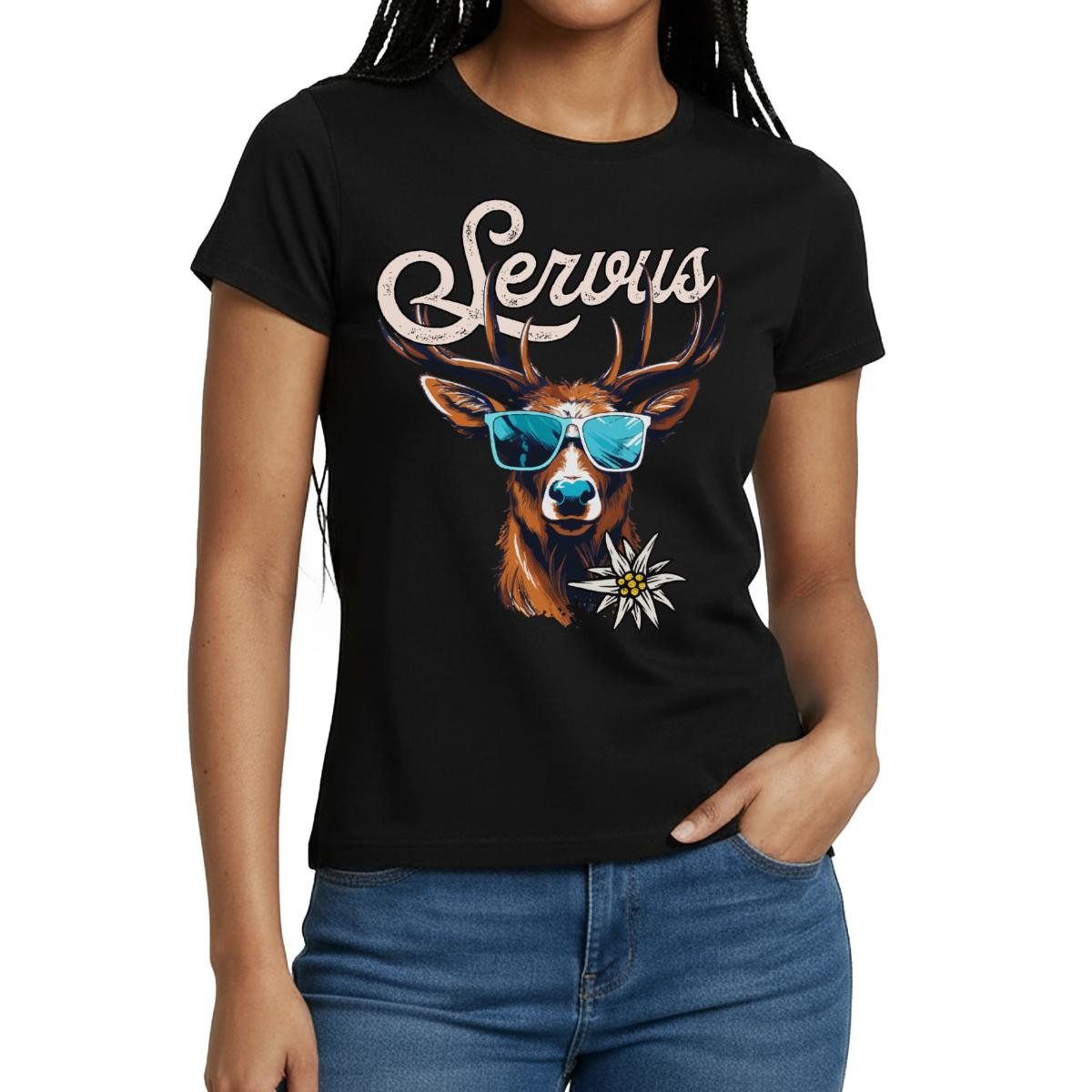 Spreadshirt T-Shirt Servus Hirsch Mit Sonnenbrille Oktoberfest Frauen T-Shirt (1-tlg)