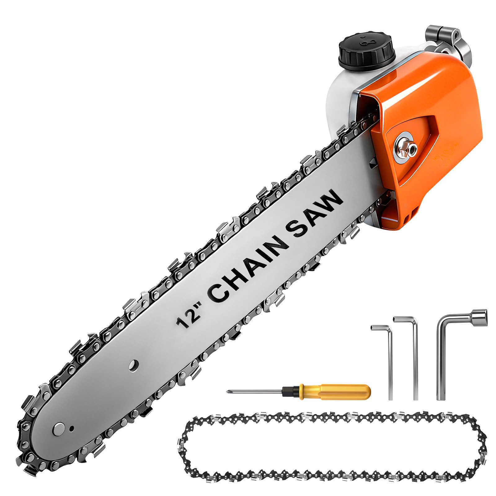 XERSEK Hochentaster Kettensägen Getriebekopf Getriebe Baugruppe Stabsägen Ersatz Aufsatz, (26 mm×9T mit 12-Zoll-Kette & Ölbehälter), für Rasentrimmer Freischneider Baumschneider Gartenschere