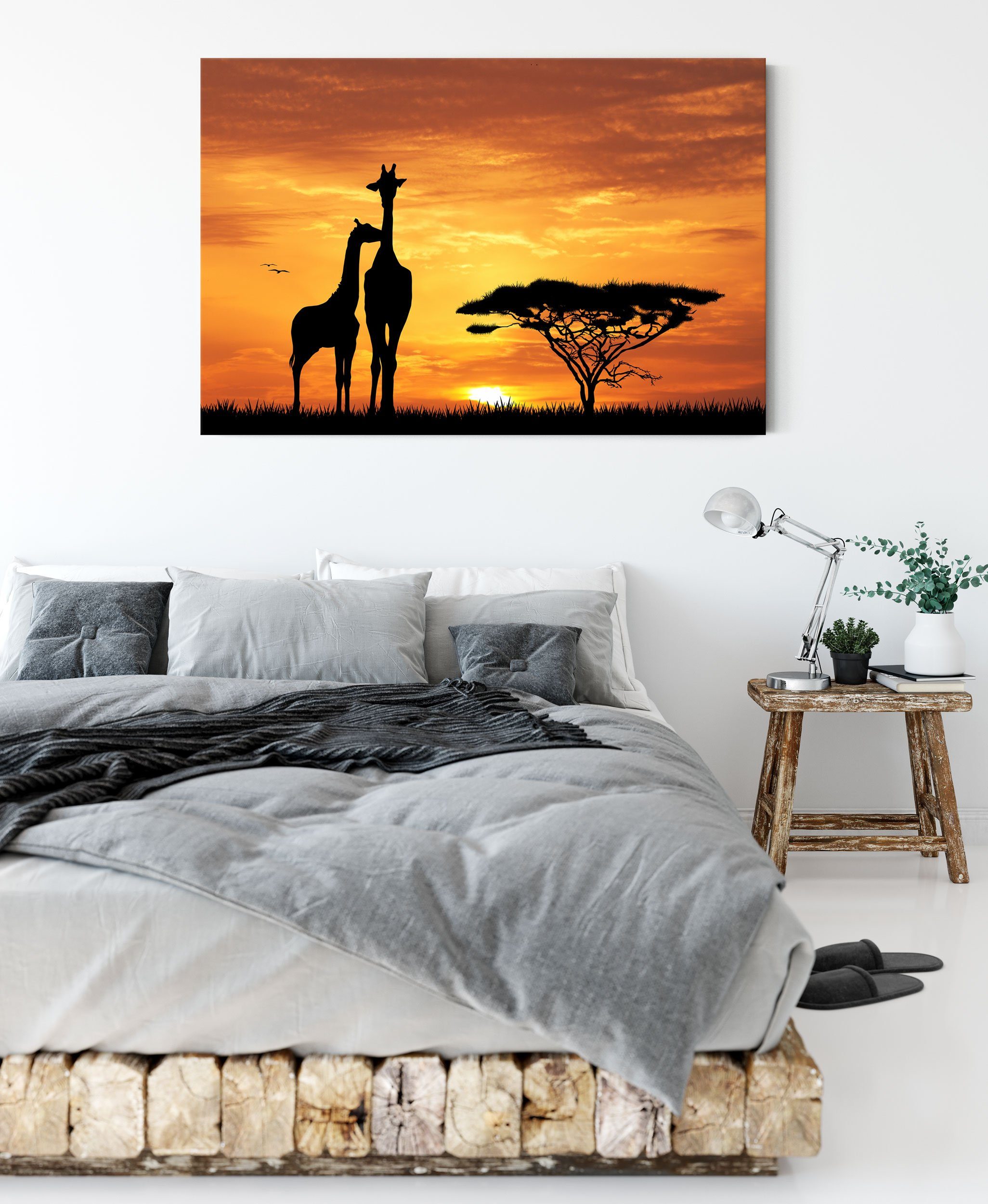 Zackenaufhänger Sonnenuntergang, Leinwandbild St), Pixxprint Sonnenuntergang Leinwandbild Giraffen bespannt, (1 fertig inkl. im im Giraffen