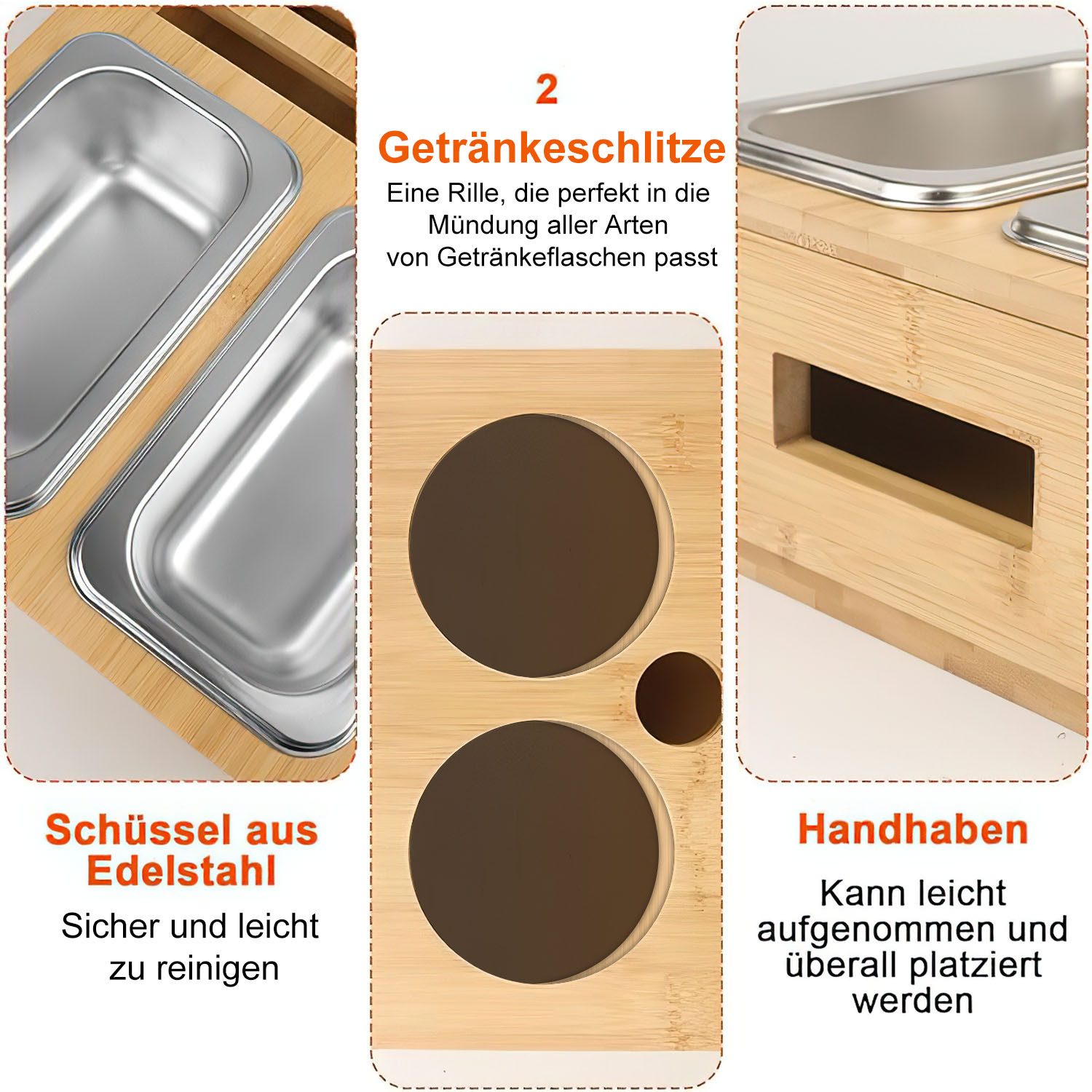 SURFOU Schüssel Snackbox mit Snackschalen aus Edelstahl und Zwei Untersetzern, (Tablett Holz Sofatablett Organizer Flaschenhalter mit Abnehmbarem), für Sofa Dek – Bild 3 von 5
