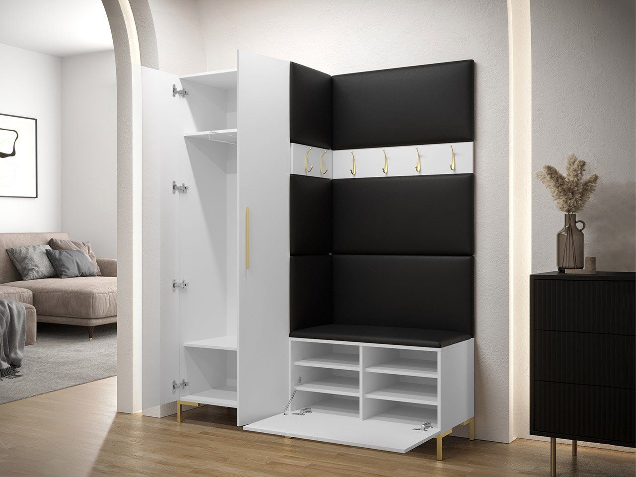 MIRJAN24 Garderoben-Set Zilion I, (Komplett-Set, Drehtürenschrank, Schrank, 2x Kleiderhaken, Paneel 3x 42x42, 4x 84x42), Auswahl aus Fronten und Polsterplatten