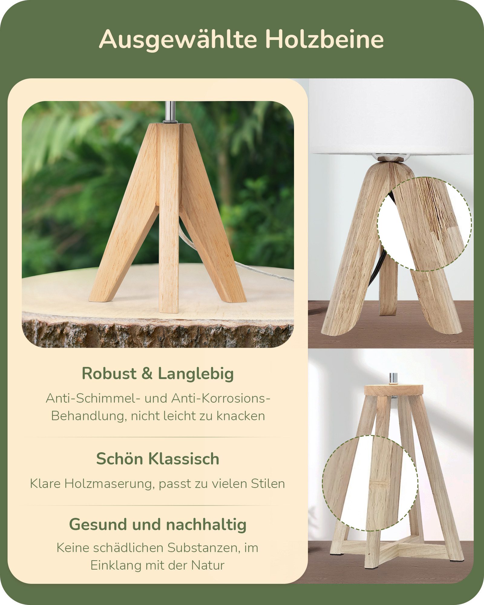 EDISHINE Nachttischlampe aus Holz mit Stoffschirm dreibeinig, LED wechselba günstig online kaufen