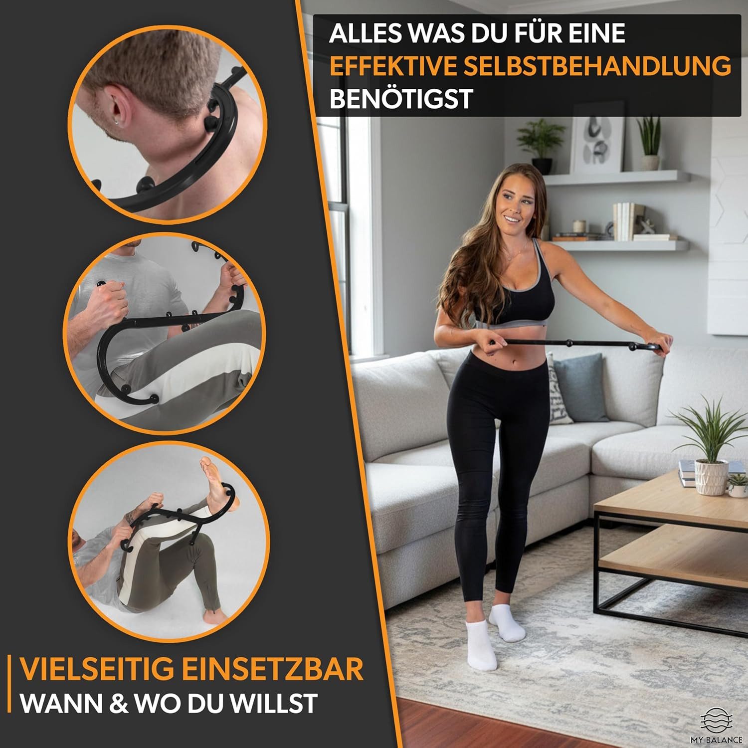 My Balance Triggerstab I Hochwertiges Triggerpunkt Massagegerät I Robuster Massagestab, inkl. Silikonaufsätze & E-Book, effektiv Triggerpunkte behandeln