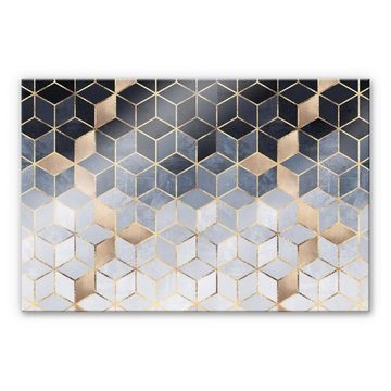 K&L Wall Art Gemälde Glas Spritzschutz Küchenrückwand Blaue Würfel Gold Geometrie, Wandschutz inkl Montagematerial