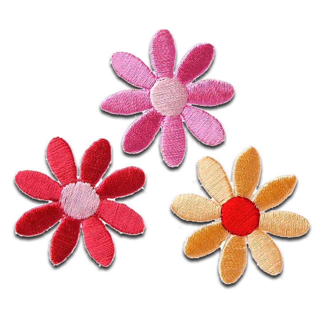 Mono-Quick Aufnäher Bügelbild, Aufbügler, Applikationen, Patches, Flicken, zum aufbügeln, Polyester, 3 bunte Blüten Sommerfarben - Größe: 3,5 x 3,5 cm
