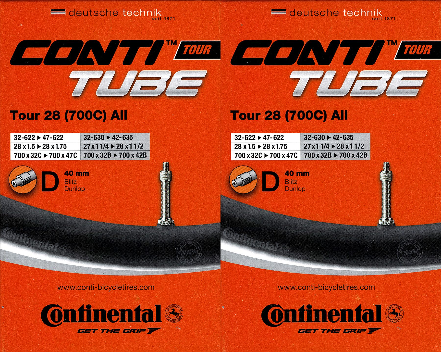 CONTINENTAL Fahrradschlauch 2x Continental Tour 28 All 28 Zoll DV (32/47-622) (32/42-630/635) DV40, 28, (2-St)