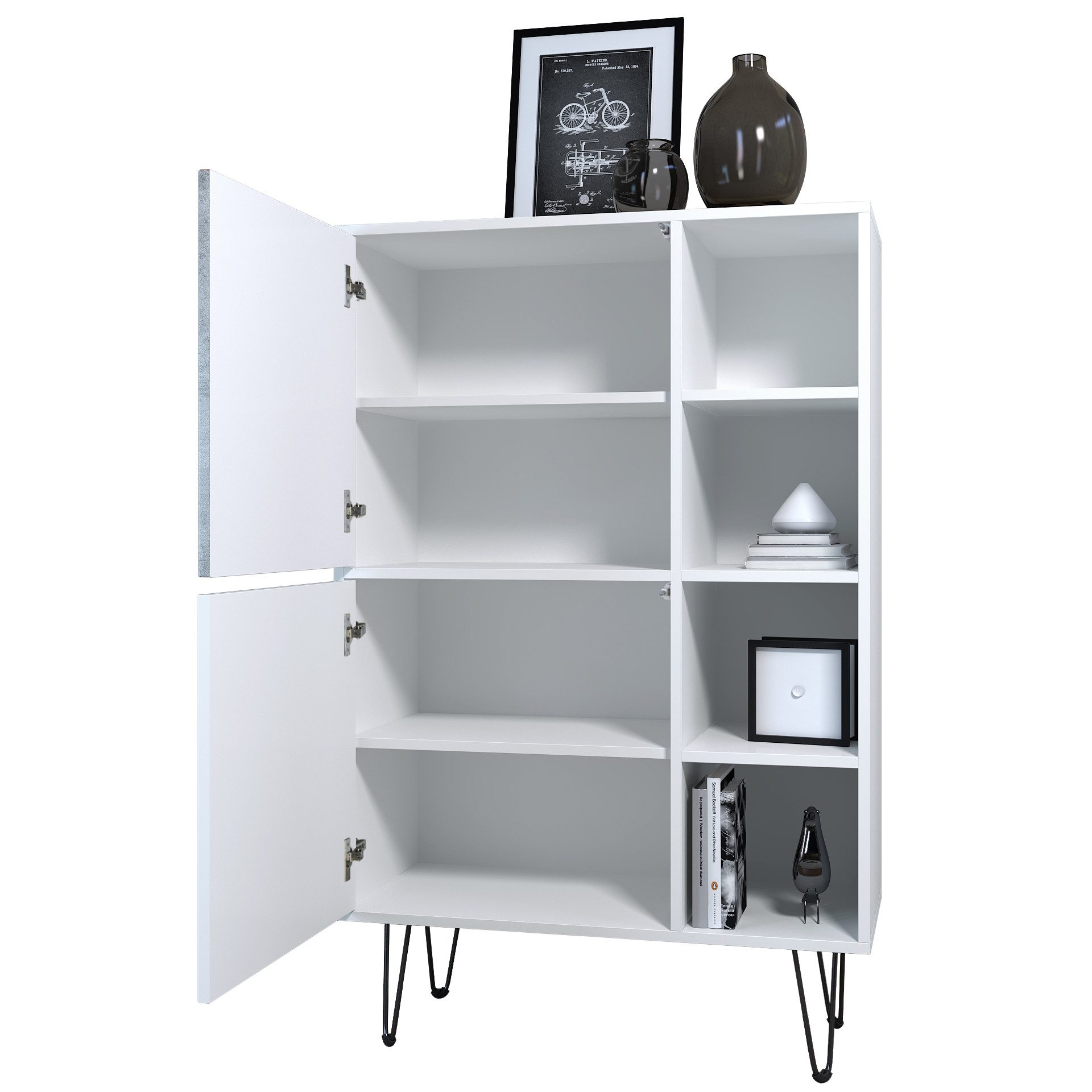 Vladon Sideboard Havana V1 (Schrank mit 2 Türen und 4 offene Fächer, Kommode Made in Germany), Weiß matt / Weiß matt (124 x 79 x 35 cm)