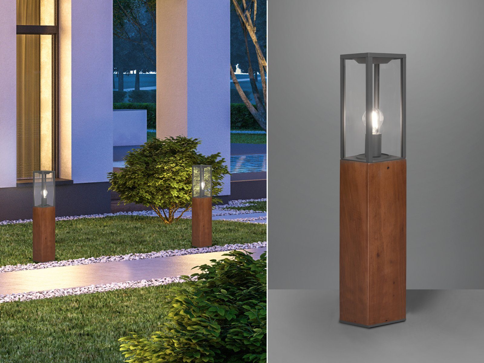 meineWunschleuchte LED Pollerleuchte, LED wechselbar, Warmweiß, Garten-laterne zur Wegbeleuchtung, Anthrazit mit Holz, Höhe 80cm