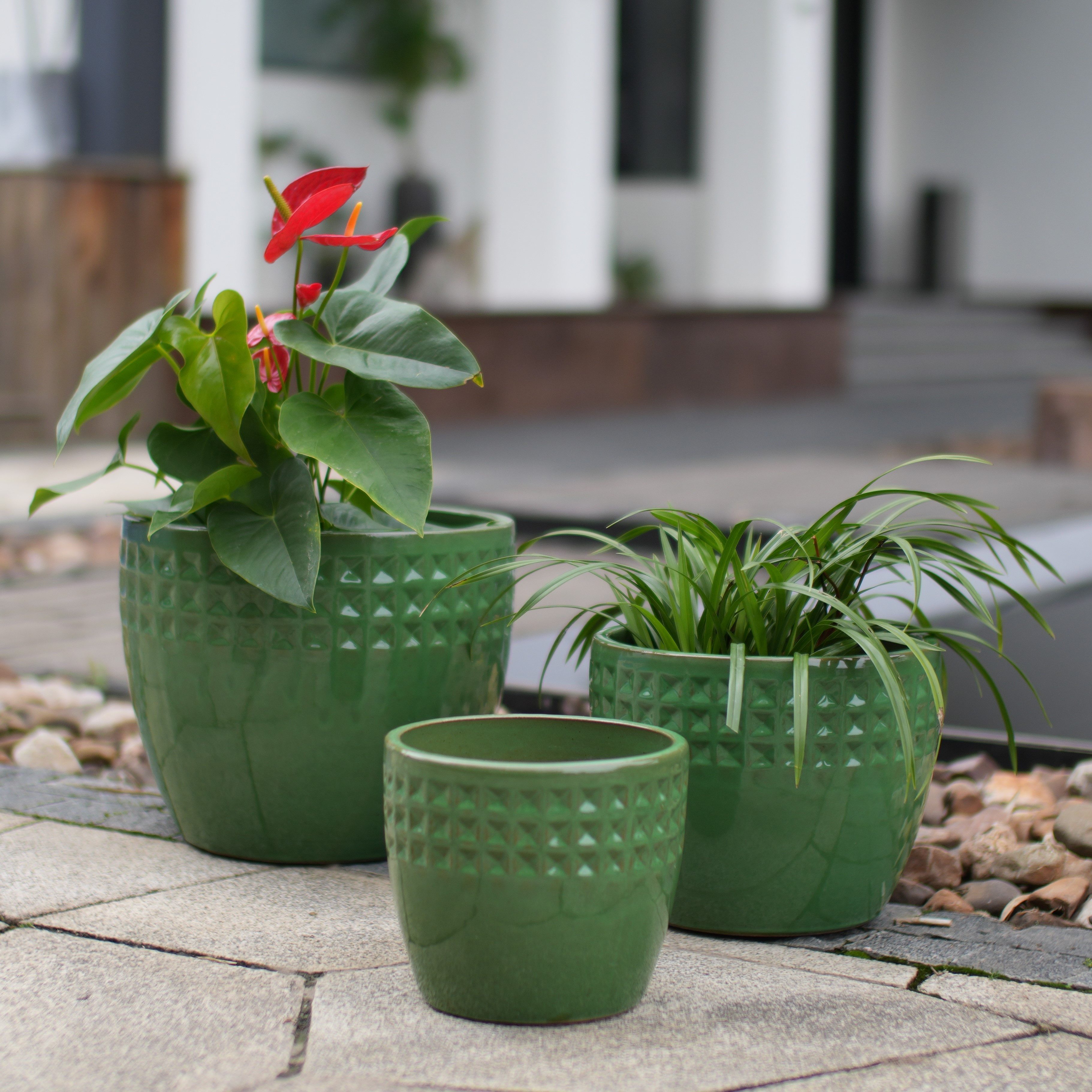 i@home Blumentopf Keramik Blumentopfe,38+30,5+23 cm Durchmesser Klein Blumentöpfe Set (3 St), 3er Set Übertöpfe für Zimmerpflanzen, Pflanztöpfe mit Abflussloch,Grün