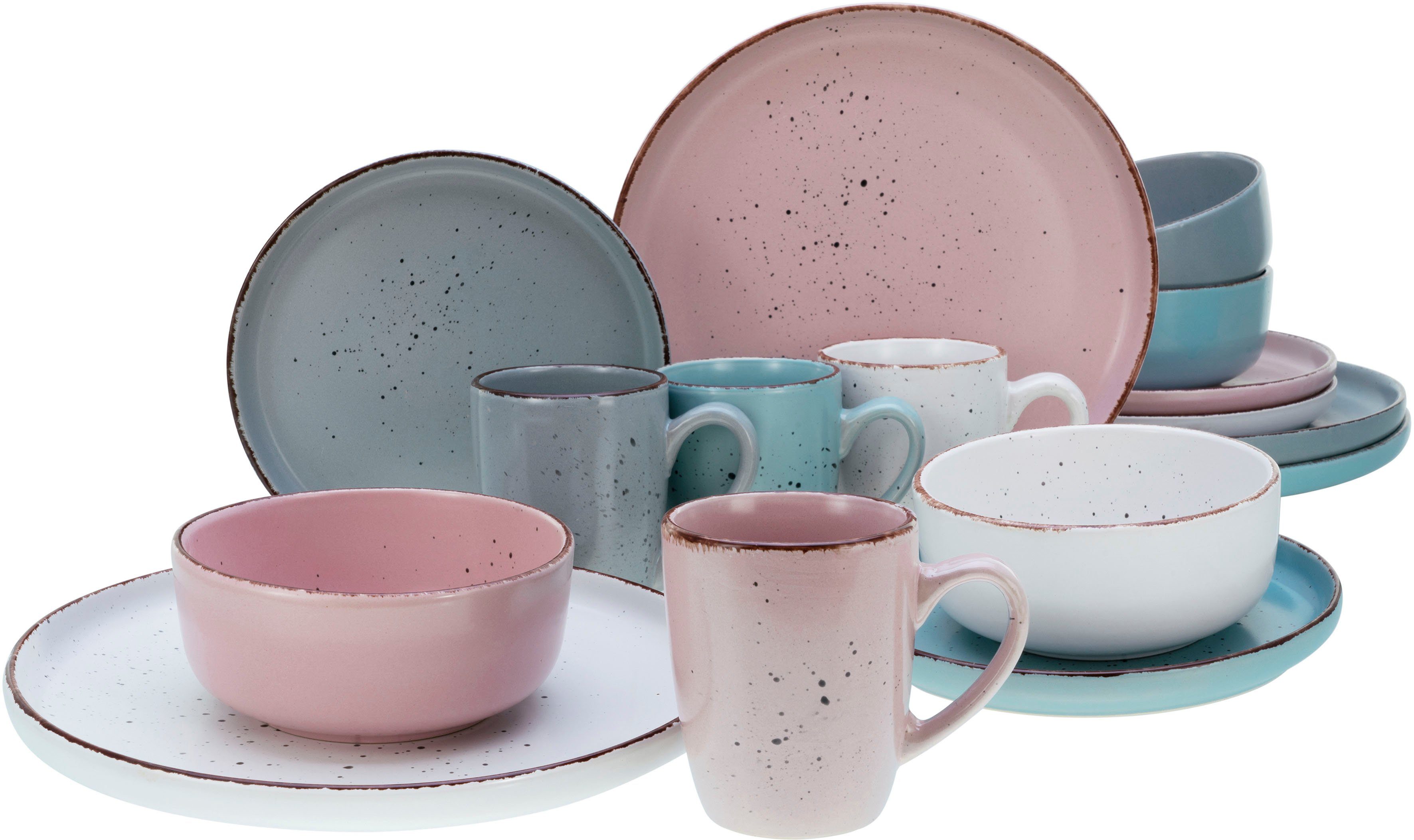 CreaTable Kombiservice Geschirr-Set Modern Fashion (16-tlg), 4 Personen, Steinzeug, Service, unregelmäßige Sprenkel, 16 Teile, für 4 Personen