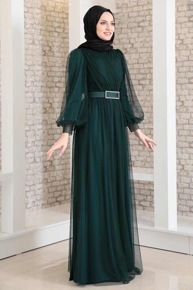 Modavitrini Abendkleid Damen Tüllkleid Abaya Gürtel Kleid Abiye langärmliges mit Maxikleid Smaragd-Grün Hijab