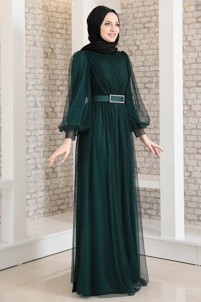 Modavitrini Tüllkleid Damen Abendkleid Abiye Maxikleid Hijab Kleid Grün  Abaya (KEMERI TASLI)
