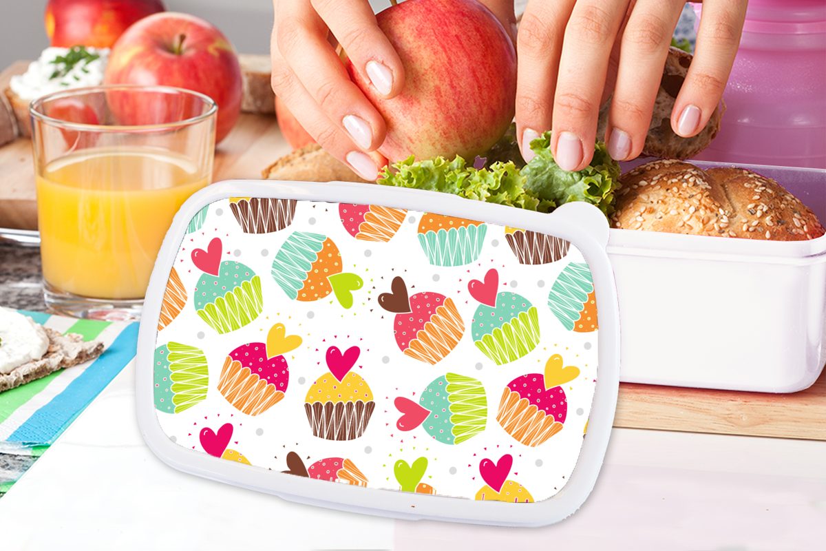 MuchoWow Lunchbox Kinder - Brotbox Design Kunststoff, - Regenbogen für weiß Erwachsene, Jungs für (2-tlg), Herz, und Mädchen Muffin - Brotdose, und