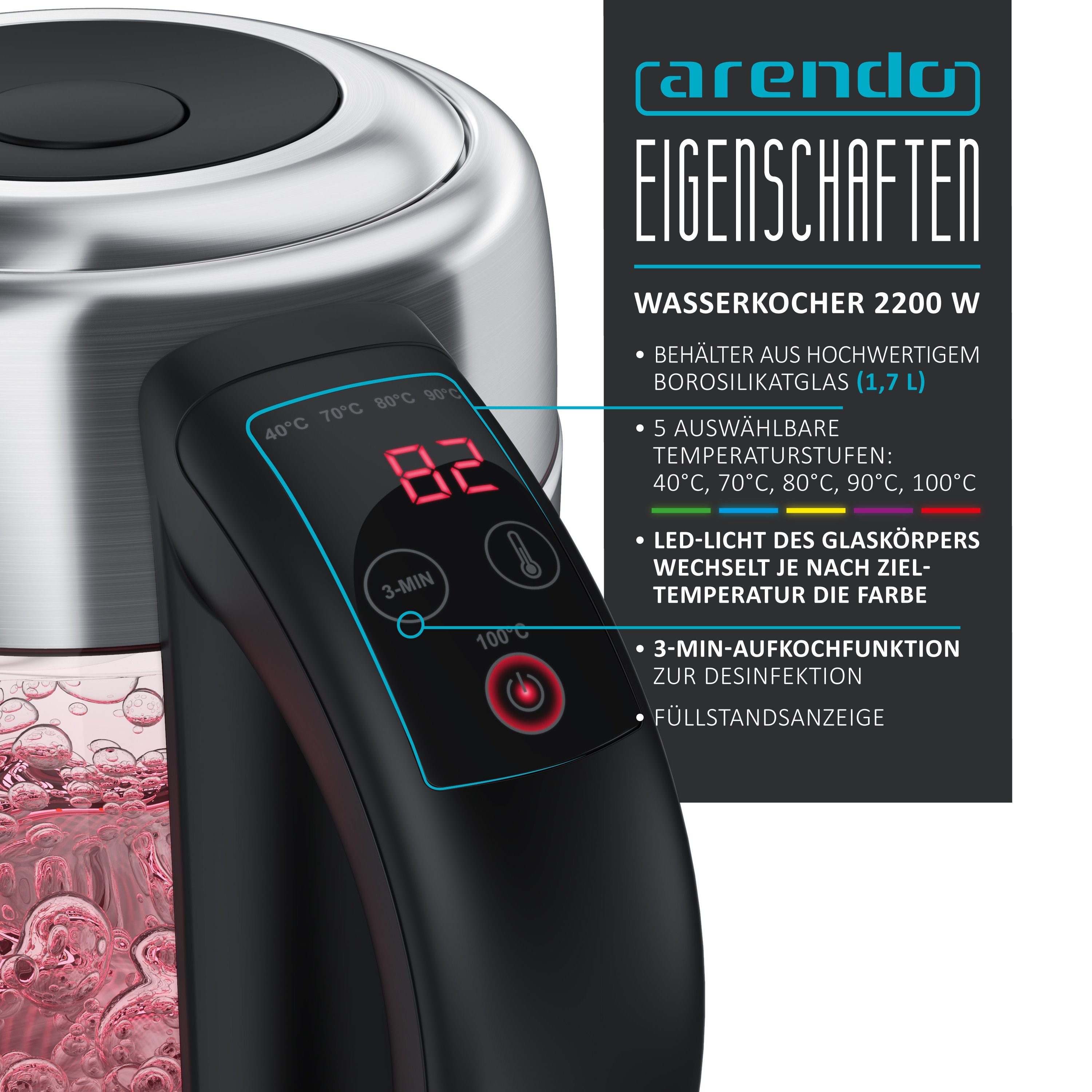 Arendo Wasserkocher aus Glas & Edelstahl, mit Temperatureinstellung, RGB Beleuchtung, 1,7 l, 2200 W, Glaskörper, Temperaturwahl 40-100°C, Aufkochfunktion Warmhaltefunktion