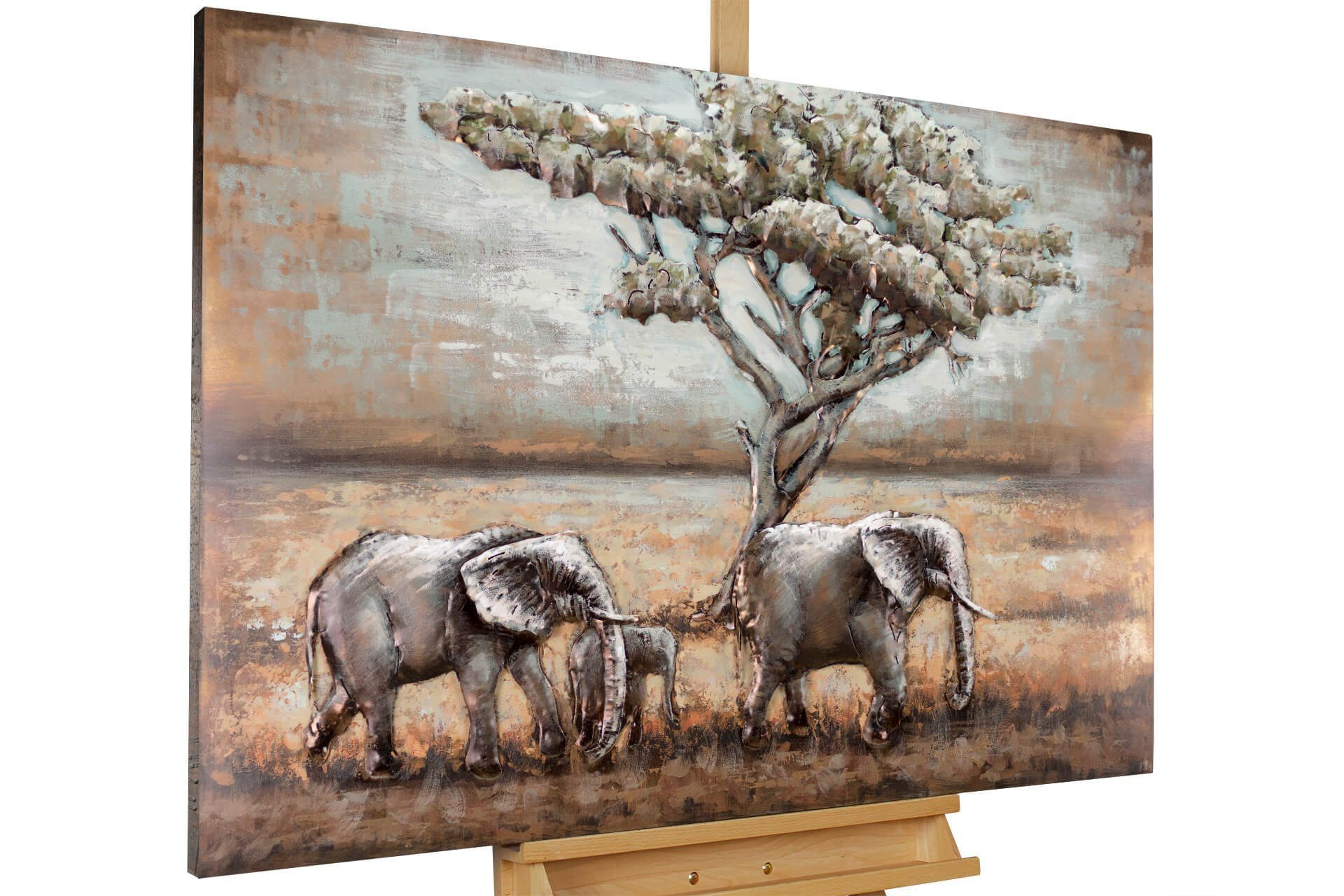 KUNSTLOFT Metallbild Elefanten in Afrika 120x80 cm, handgefertiges Wandrelief 3D