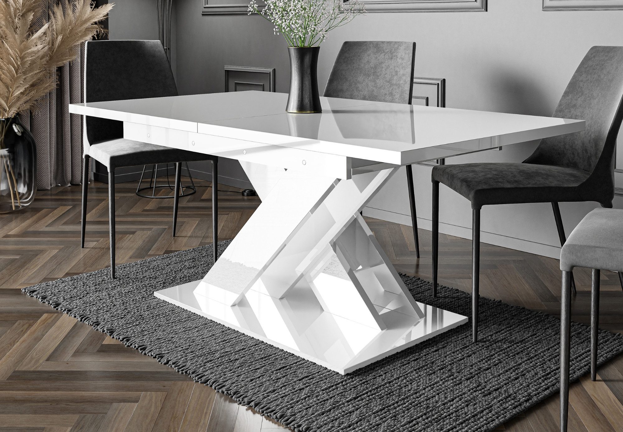 Home Collective Esstisch ausziehbar Tisch Küchentisch Esszimmertisch Ausziehtisch (Esszimmer Küche Wohnzimmer Esstisch erweiterbar), modernes Design mit X-Gestell, 140-180 x 80 cm Weiß glänzend