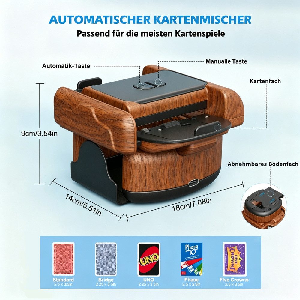 i@home Spiel Kartenmischmaschine, Kartenspiel, Kartenshuffler elektrisch mit 2 Mischmodi Holzoptik für unterwegs