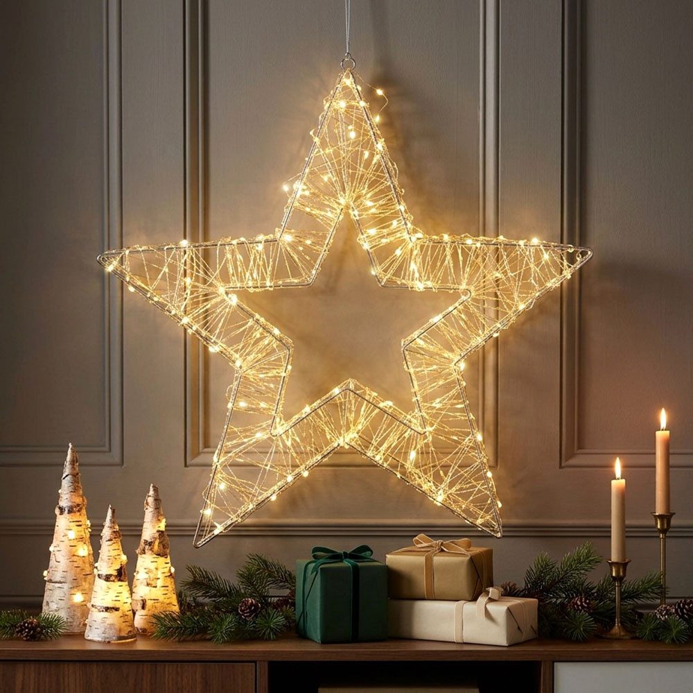 Expo Börse LED Stern, LED-Leuchtmittel fest verbaut, Warmweiß, LED Weihnachtsstern Gitteroptik Timer IP44 Außen & Innen H 50 cm