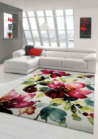 Teppich »Designer Teppich Moderner Teppich Wohnzimmer Teppich Blumenmotiv Creme Grün Türkis Rosa Pink«, Teppich-Traum, rechteckig, Höhe: 13 mm