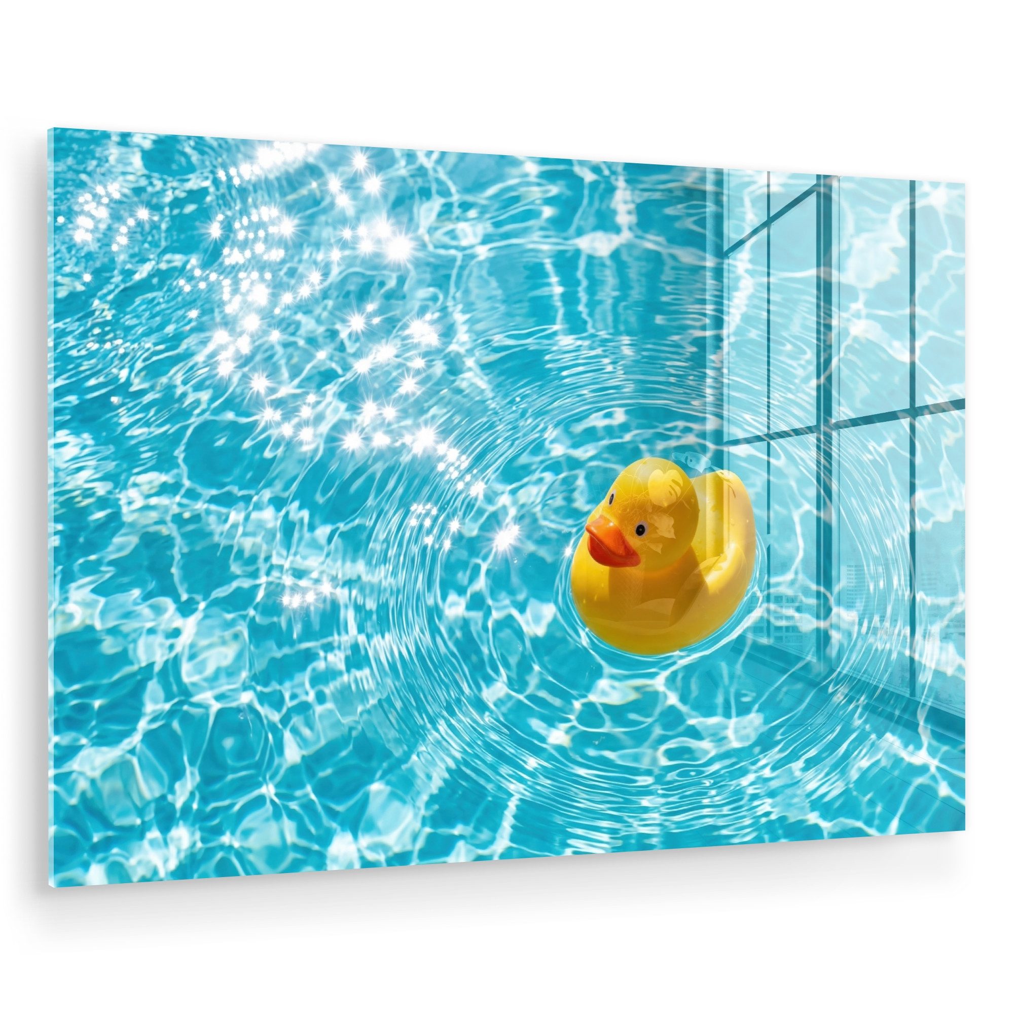 MuchoWow Acrylglasbild Gummi-Ente - schwimmend - Blau, Inkl. Aufhängung, Glasbilder Wohnzimmer, Schlafzimmer, Flur & Esszimmer, 30x20 cm