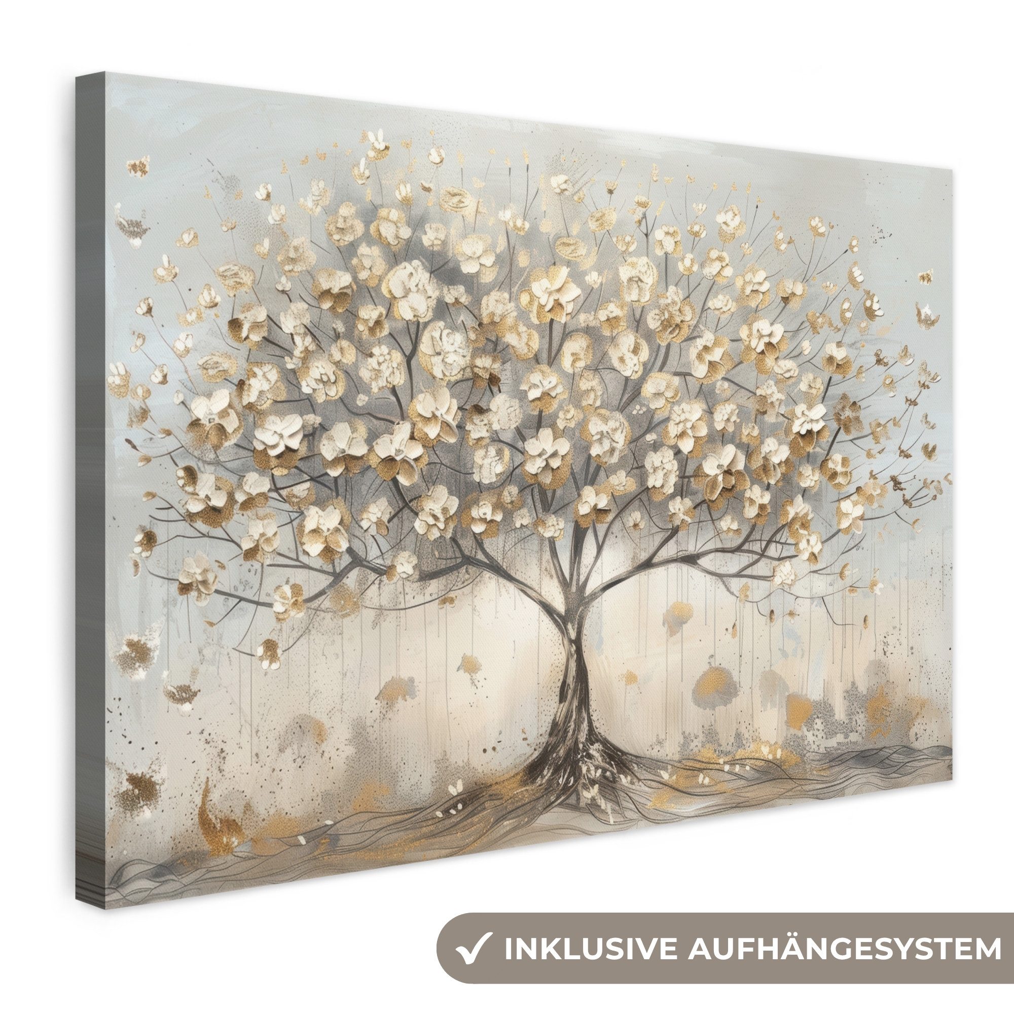 OneMillionCanvasses® Leinwandbild Baum - Beige - Gold - Farben Optik - Grau, Fotodruck (1 St), Leinwand Bilder Klein, Wand Dekoration Aesthetic 30x20 cm