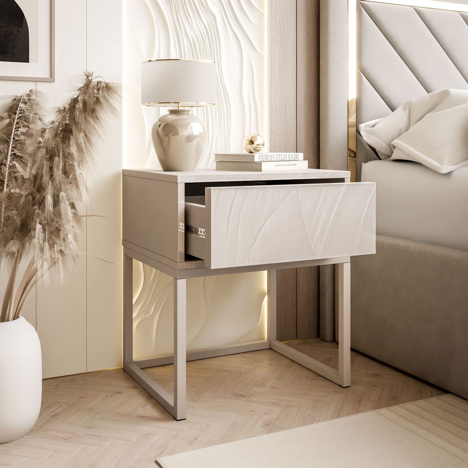 Lookway Nachttisch BLANCO Kaschmir auf Gestell – Moderner Nachtschrank fürs Schlafzimmer (1x Nachttisch), Breite: 45 cm