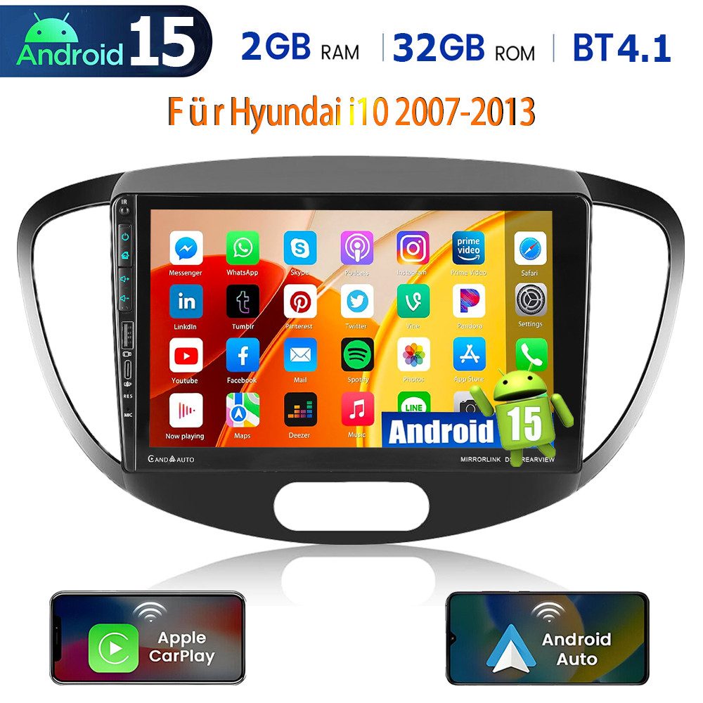 ESSGOO Autoradio Android 15 Für Hyundai i10 2007-2013 Carplay mit USB Type-C Autoradio (RDS, 4+64GB(optional), Digitalradio (DAB), FM, AM, Carplay Android Auto Bluetooth EQ USB GPS Navi WIFI Touchscreen)