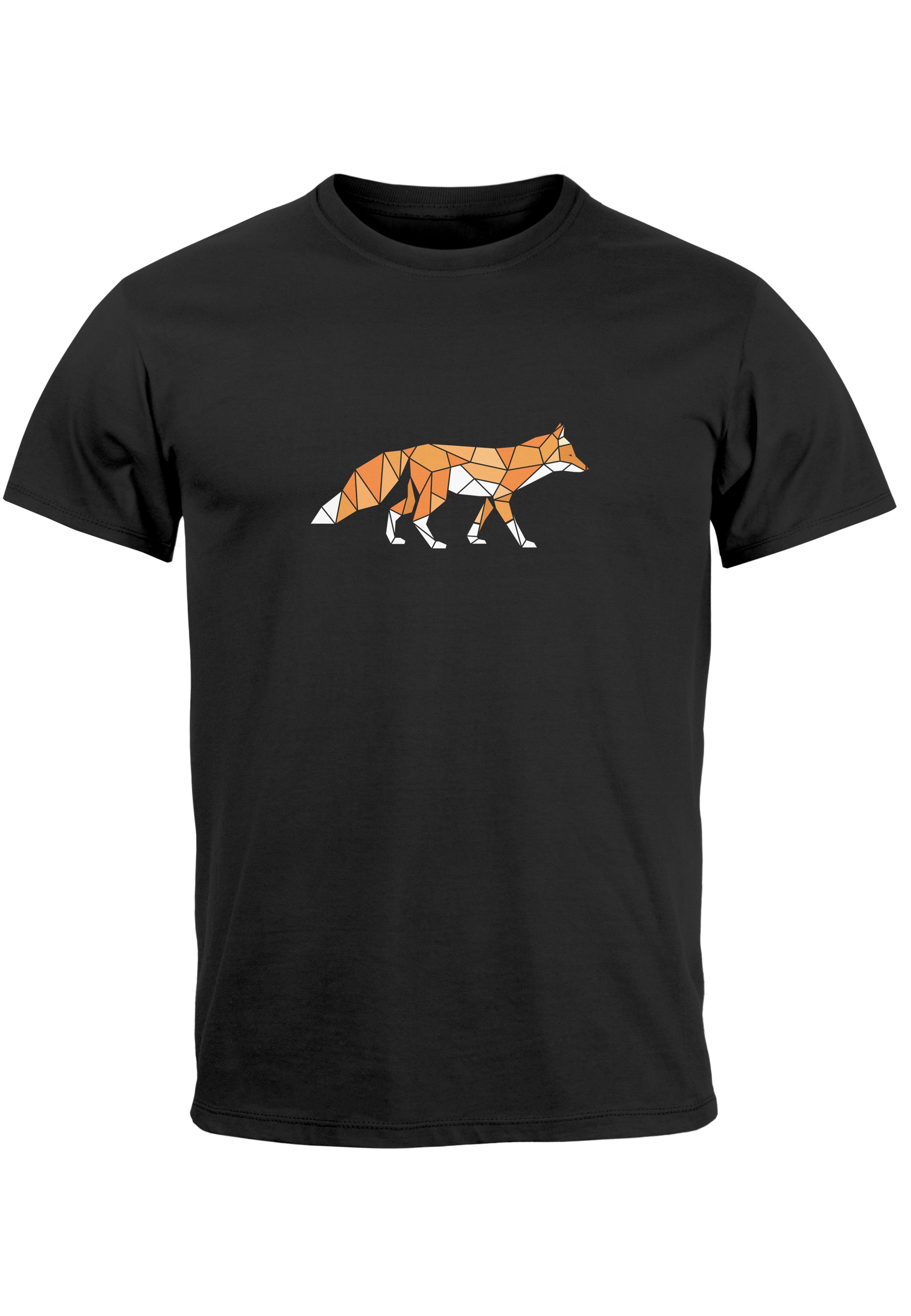 Aufdruck T-Shirt Print-Shirt Outdoor Neverless Log Polygon Fuchs mit Herren Geometrie Kunstdruck Print schwarz