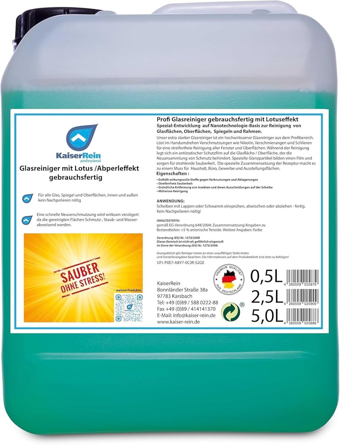 KaiserRein Profi Glasreiniger mit Lotuseffekt Spray Glasreiniger (Lotus-Effekt, streifenfrei, schnelltrocknend, schmutzabweisend)